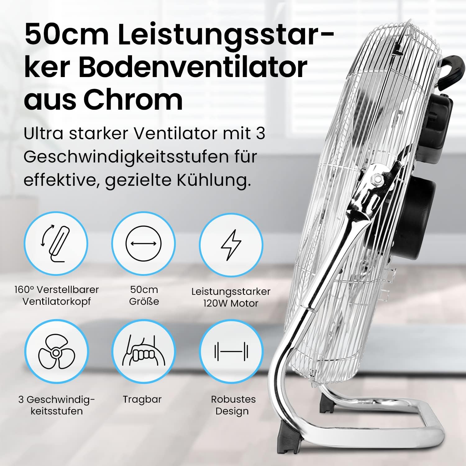 Pro Breeze 50 cm Bodenventilator aus Chrom, Ventilator mit 3 Geschwindigkeitsstufen und verstellbaren Ventilatorkopf - Windmaschine für Fitnessstudio oder Werkstatt