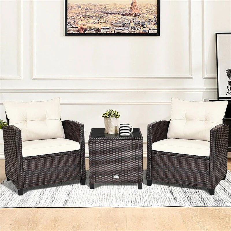 3 Pcs Rattan Patio Conversation Set Outdoor Wicker Sofa Set with Washable Cushions & Coffee Table
