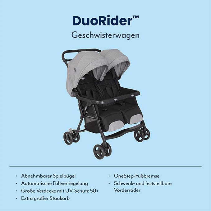 Graco DuoRider™ Doppel-Kinderwagen, Geschwisterwagen, ab Geburt bis ca. 3 Jahre (15 kg), leicht, schnell zusammenklappbar, freistehend, großer Staukorb, inkl. Regenverdeck, grau, Steeple Gray