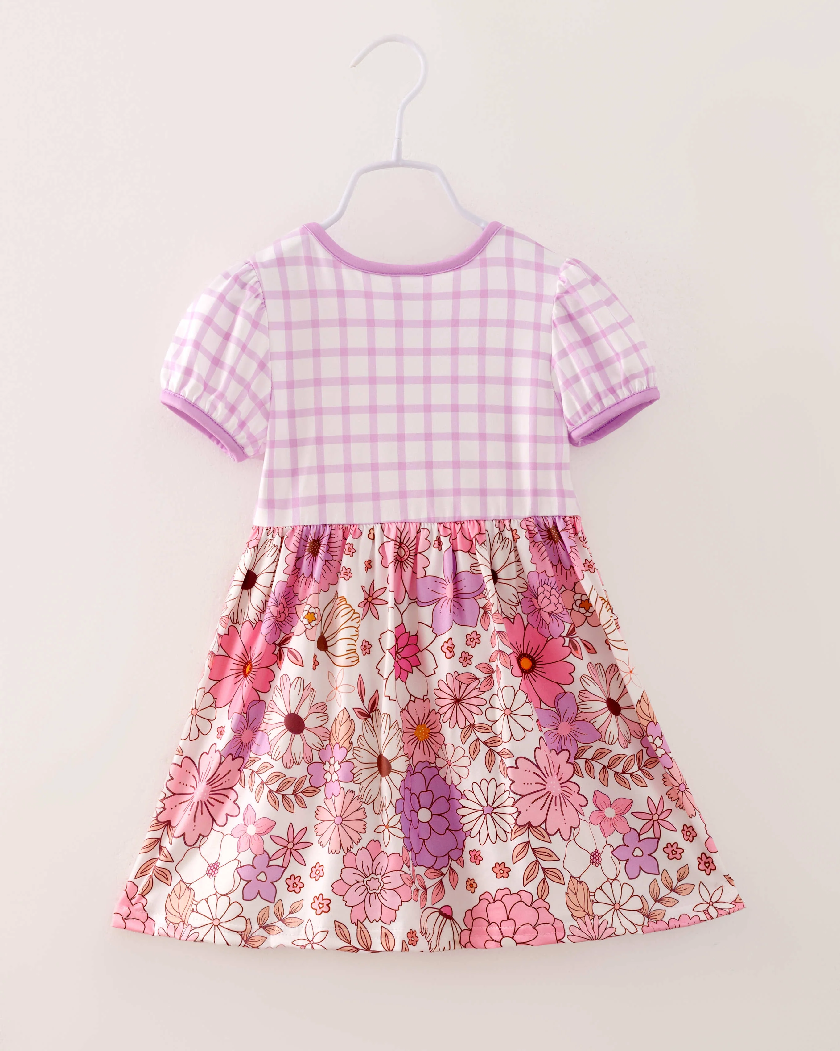 Pink Purple Plaid Flower Pocket Girl Dress