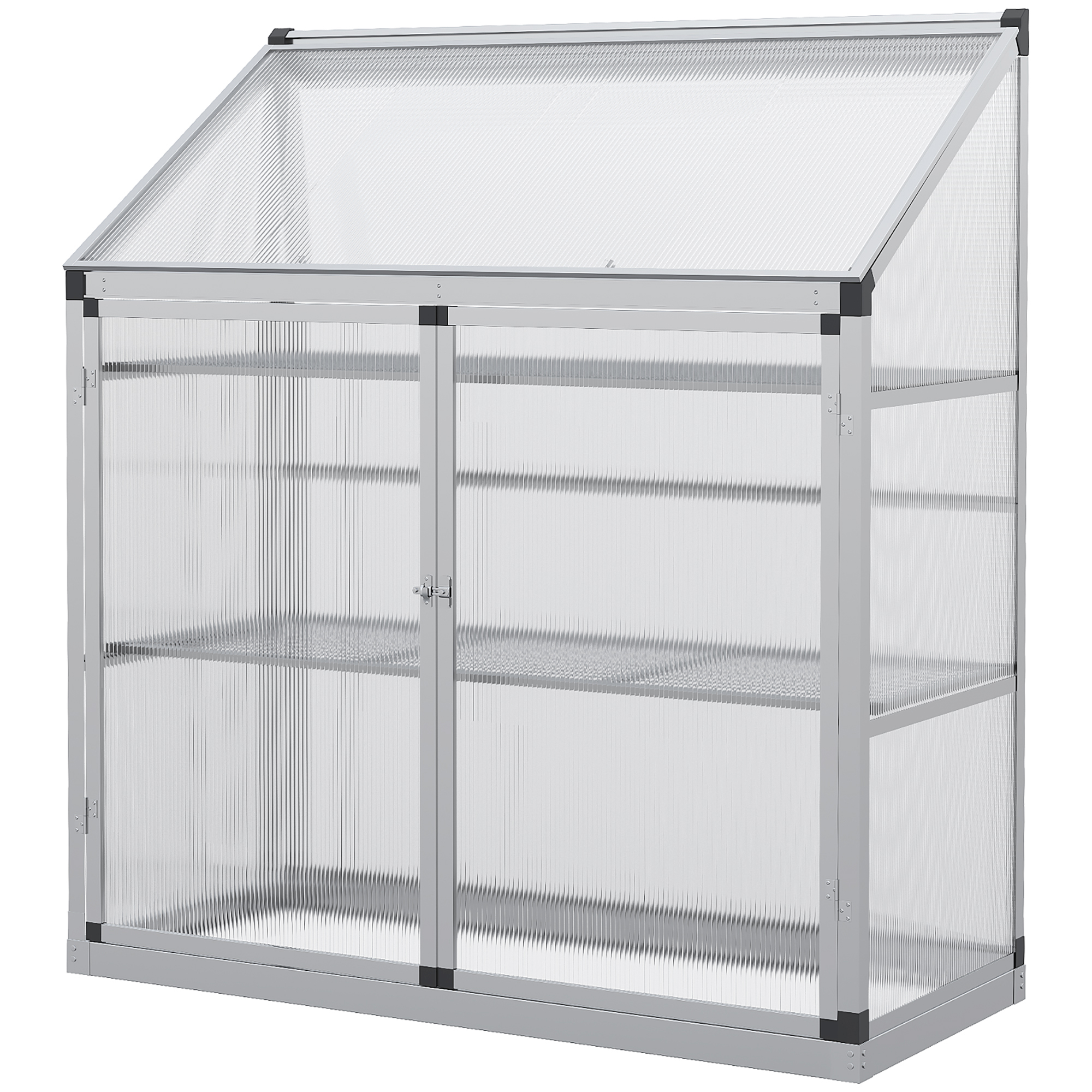 Outsunny serre met funderingsframe, behuizing van polycarbonaat, 2 planken, aluminium frame, 131 x 58 x 139,5 cm