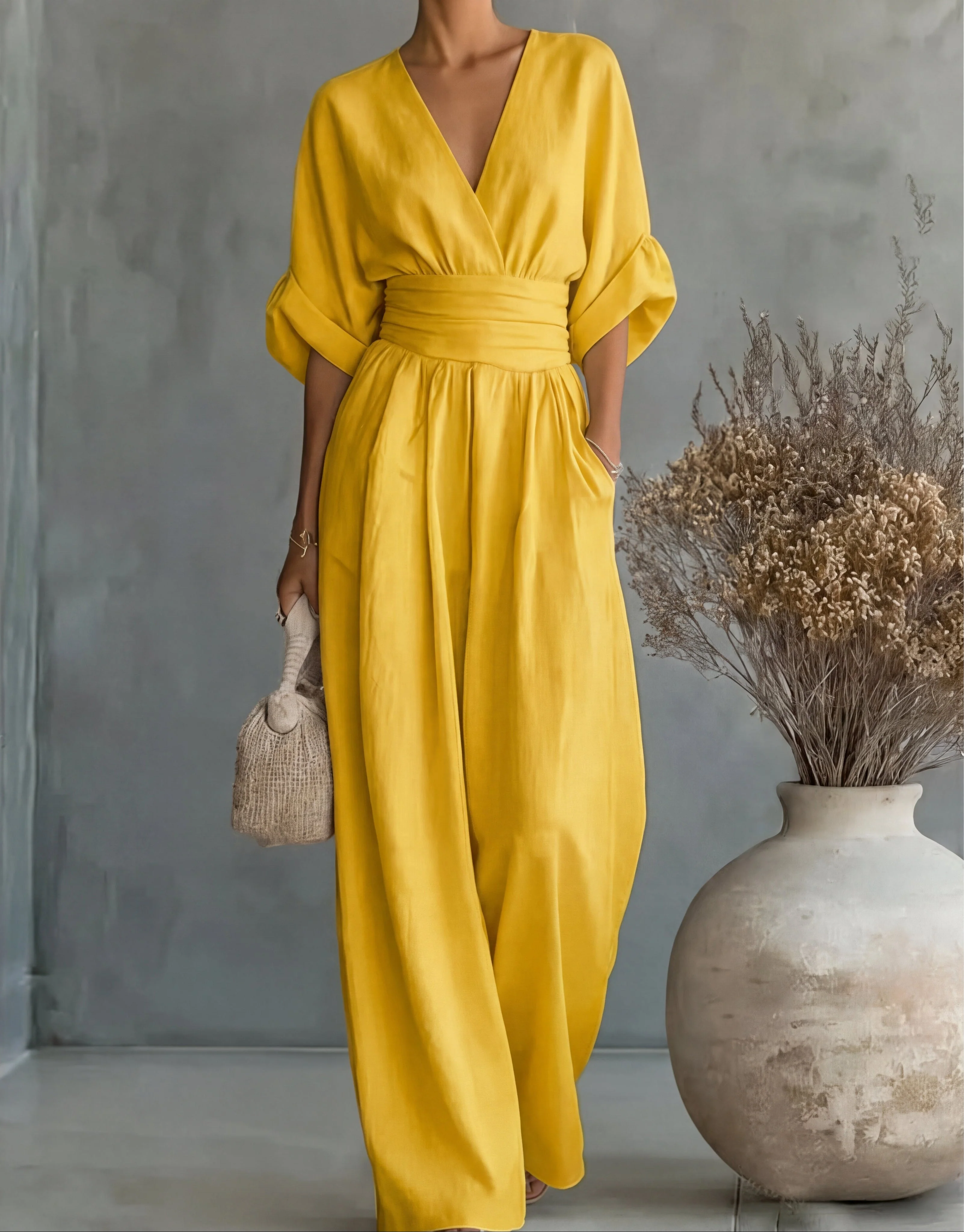 Women��s Elegant Wide-Leg Jumpsuit Wrap-Style Design