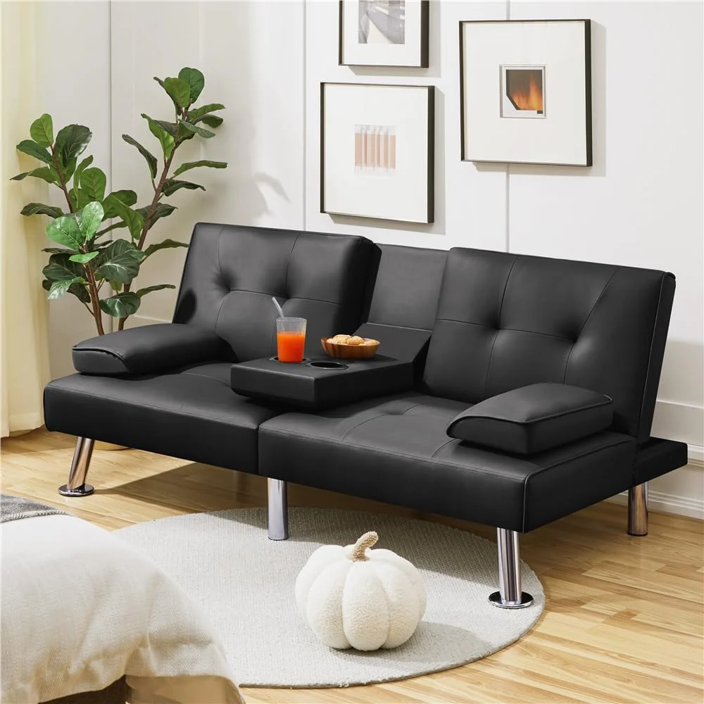 Yaheetech Convertible Sofa Bed Adjustable Couch Sleeper Modern Faux Leather Home Recliner Reversible Loveseat Folding Daybed Guest Bed, Removable Armrests, Cup Holders, 3 Angles, 772lb Capacity, Brown