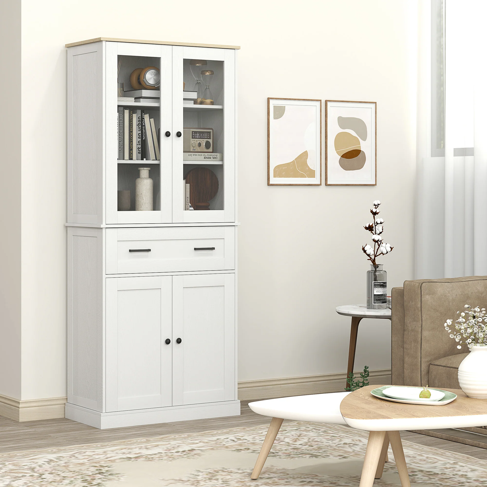 HOMCOM Keukenkast, Buffet, Acrylfront, Lades, 76 x 40 x 182,5 cm, Crèmewit