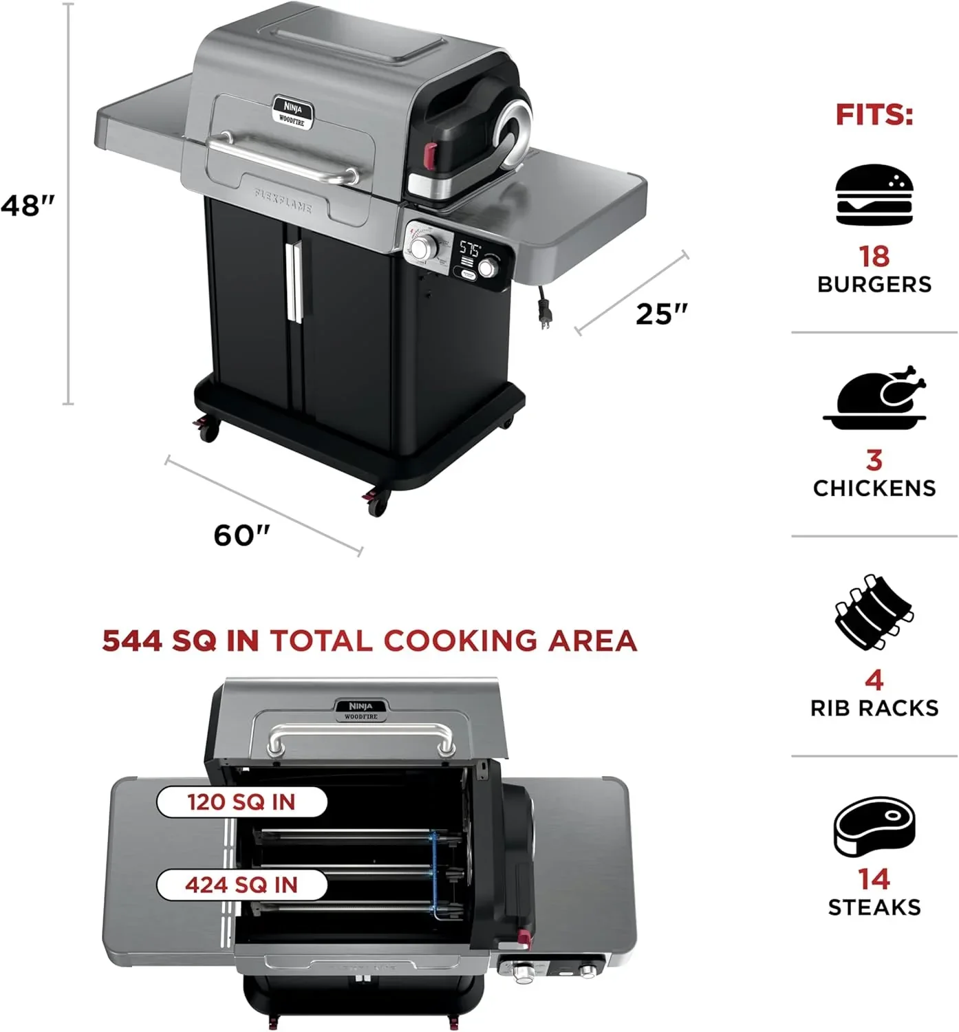 Ninja FlexFlame Grill and Smoker Electric Propane Grill Roaster BBQ Grill 5-in-1 Cooking System