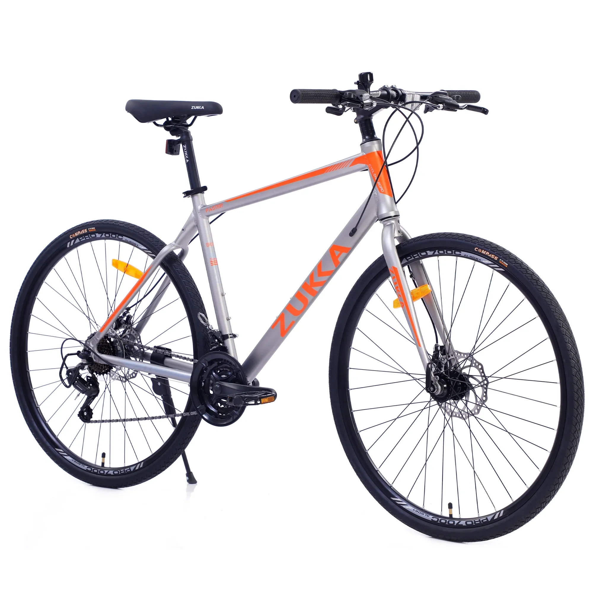 28 colos férfi hibrid kerékpár, 21 sebességes Shimano országúti kerékpár, 700C kerekek, kényelmes felnőtt kerékpár dupla tárcsafékkel, 21” könnyű alumínium váz, ajánlott magasság 168-188 cm – ezüst+narancs