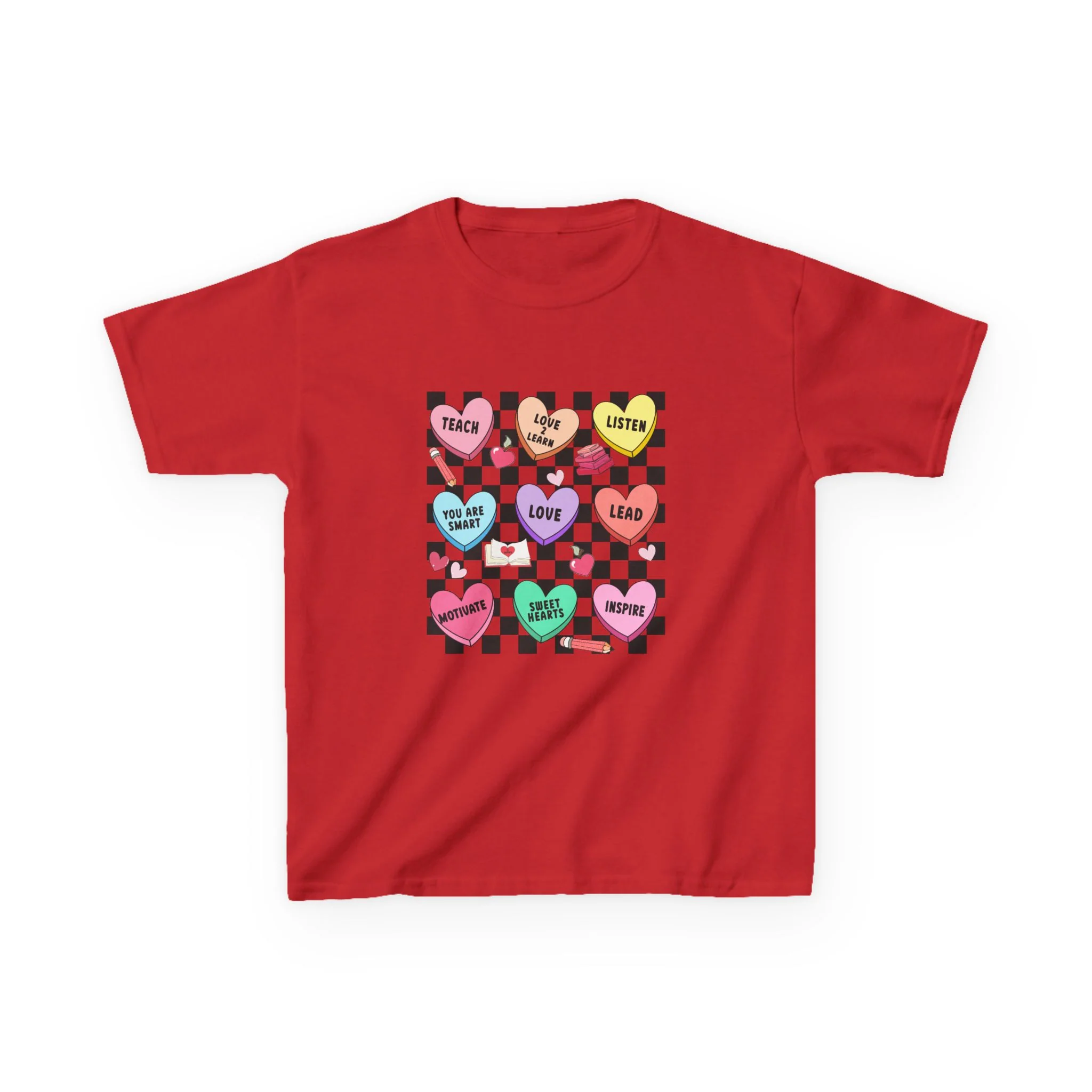 Candy Heart Checkerboard Kids T-Shirt | Pastel Hearts Words