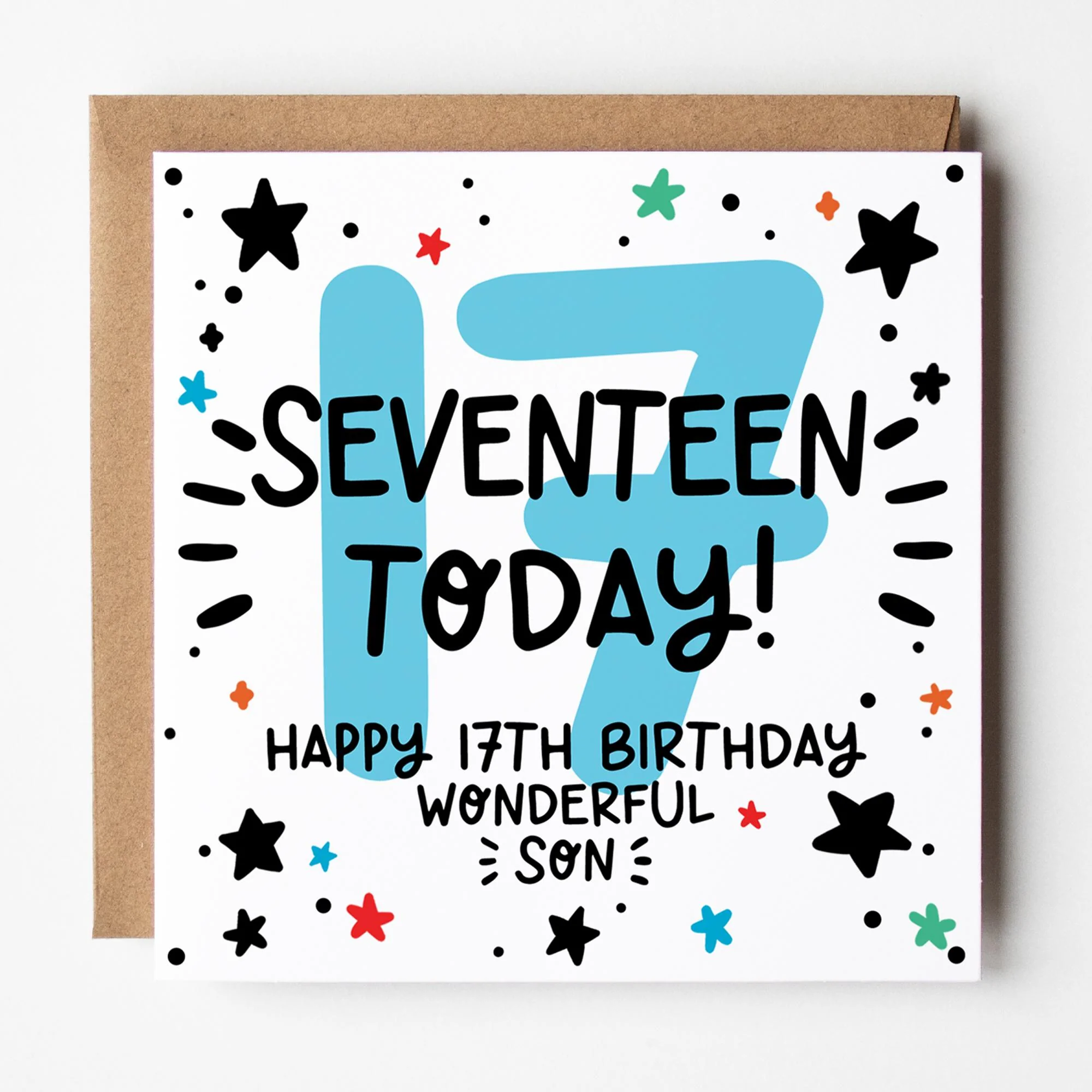 Son 17th Birthday Card; Blue 17, with Kraft Envelope