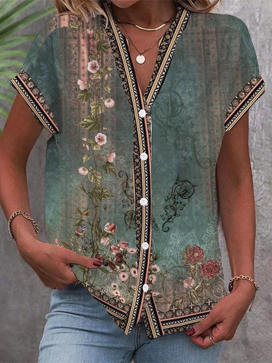 Women��s Boho Floral Print Blouse V-Neck Short Sleeve Summer Top