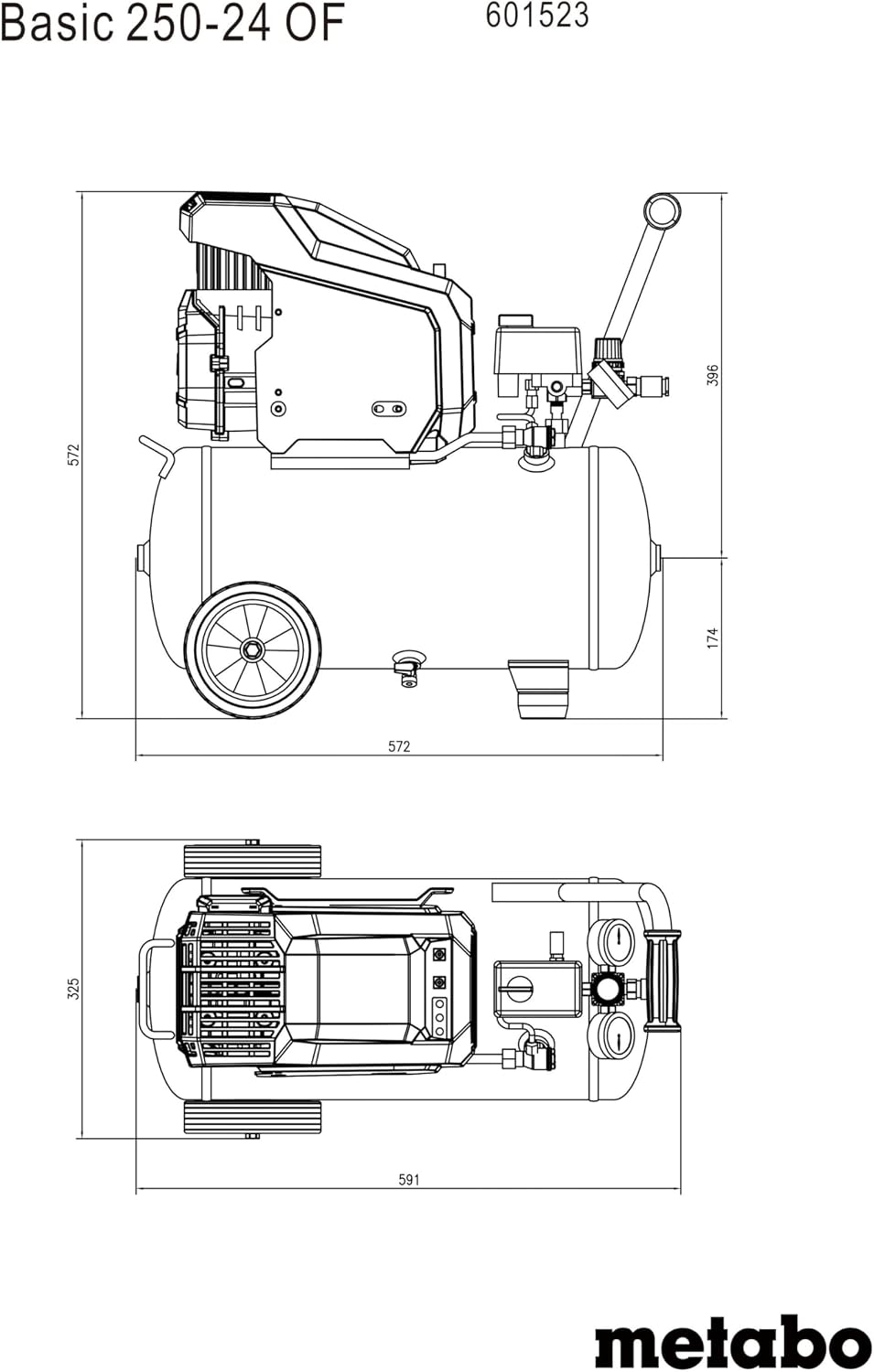 metabo Kompressor Basic 250‑24 OF - 120 l/min Füllleistung, 24 l Kesselgröße, mobiler 8 bar Druckluftkompressor, 240 l/min Ansaugleistung, 1,5 kW - Wartungsarm & ölfrei, für Werkstatt & Heimwerker