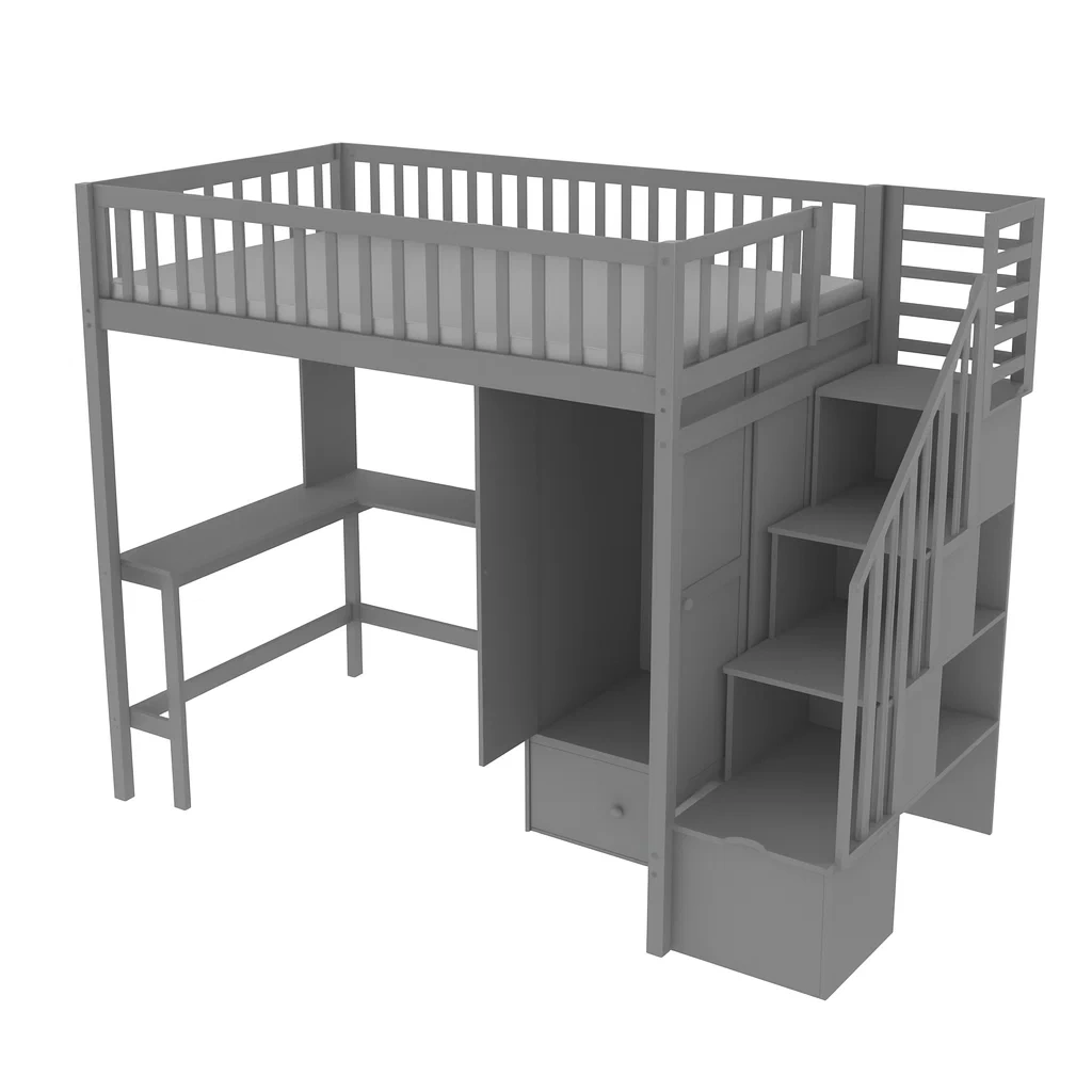 Lit mezzanine en bois de pin gris avec bureau et rangement