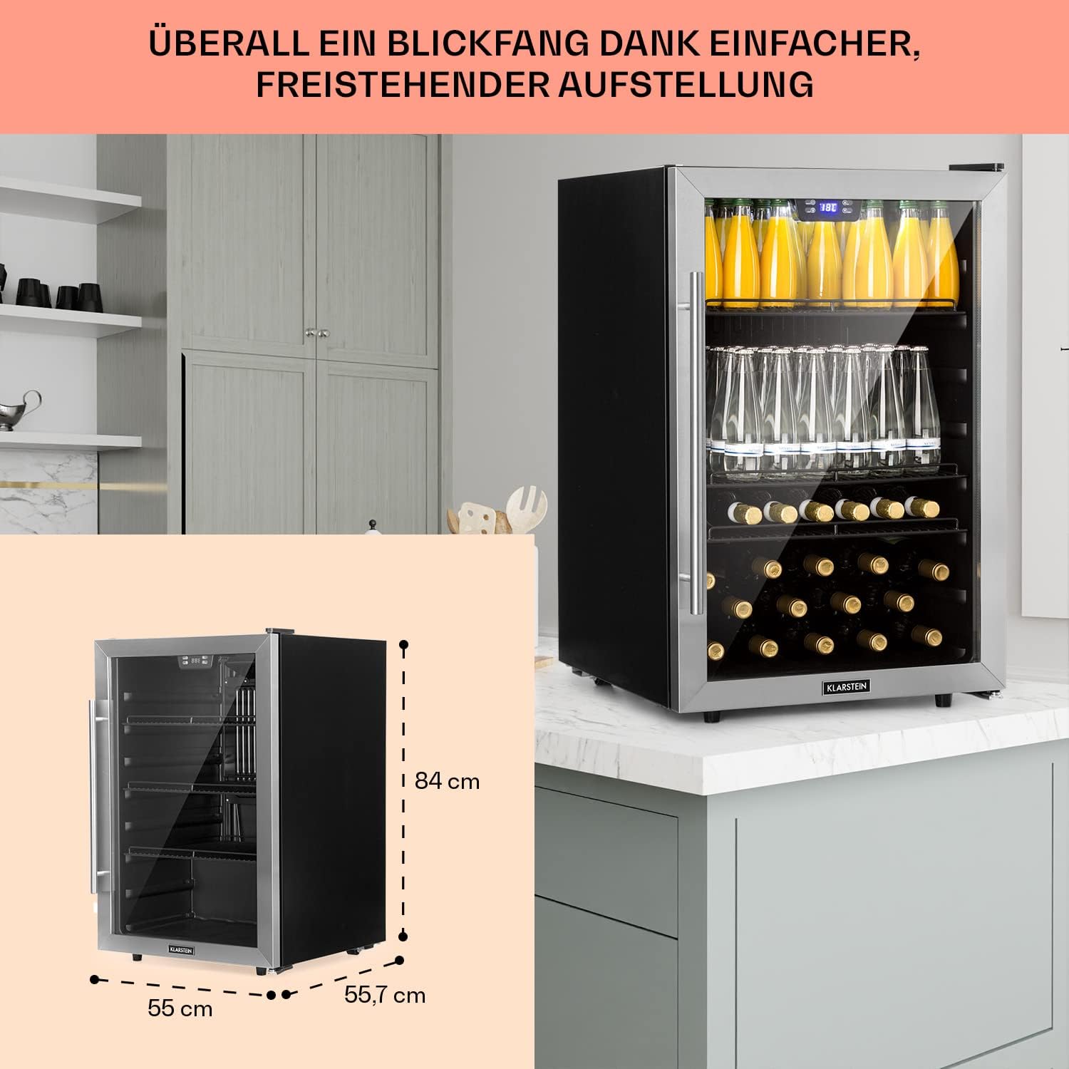 Klarstein Mini Kühlschrank mit Glastür, Mini-Kühlschrank für Zimmer, Getränkekühlschrank Klein mit Verstellbaren Ablagen, Kleiner Kühlschrank 147 Liter, Indoor/Outdoor Kühlschrank Leise