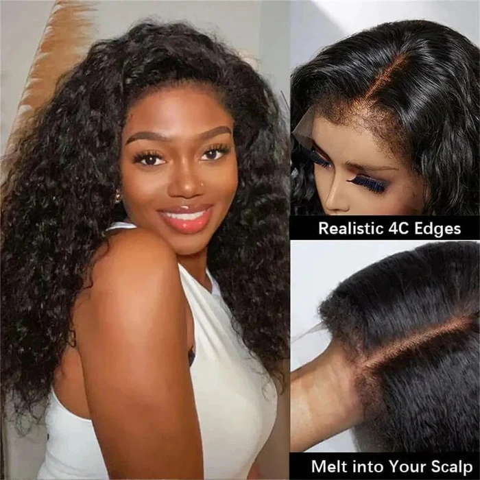 4C Edges Hairline Water Wave 8x5 Glueless Lace Front Wig Pre Bleached Pre Plucked HD Lace Human Hair Wigs For Black Women