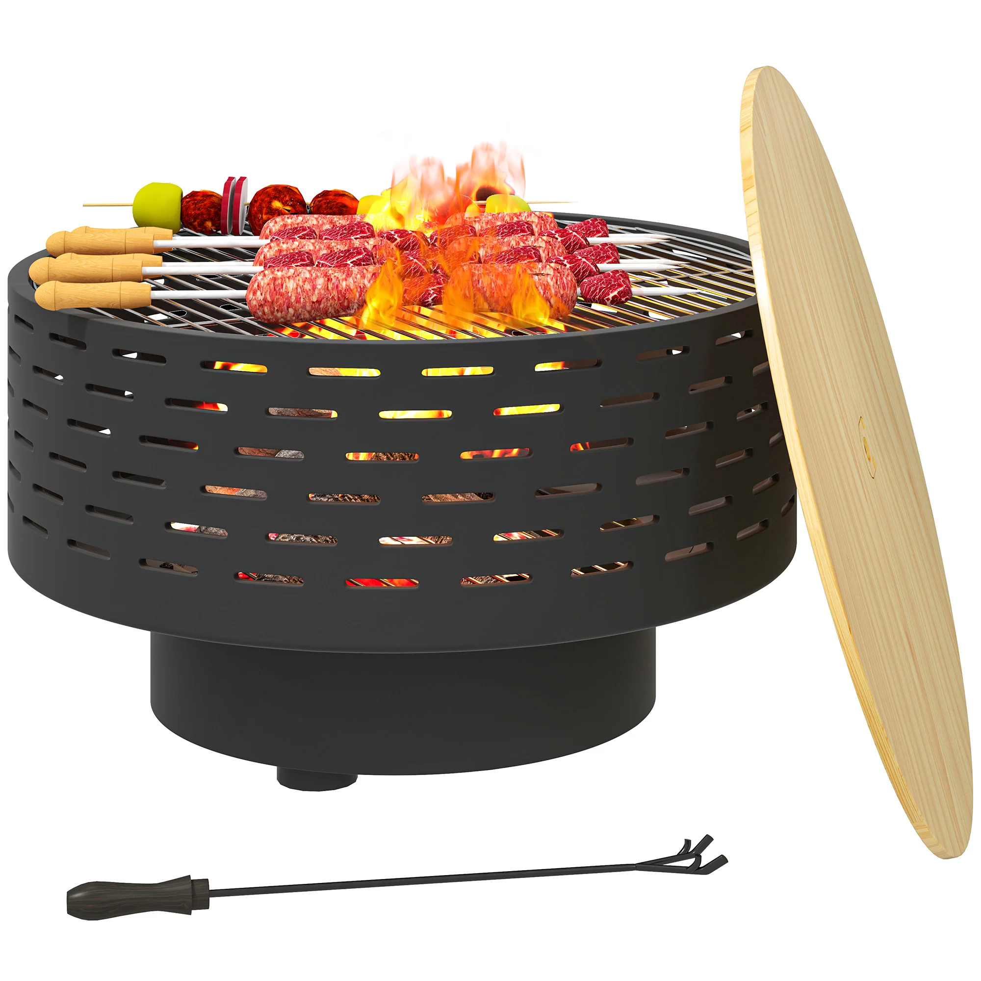 Outsunny 3-in-1 Vuurschaal Ø60 x 39cm van Roestvrij Staal met Grillrooster, Vonkenbescherming en Vuurhaak Steenkoolgrijs