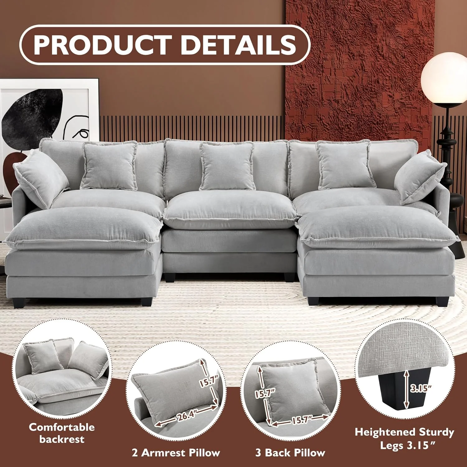 111.4 Inch L-Shaped Modern Sofa Modular Cloud Sofa Ottoman 4-Seater Chenille Deep Seat Sofa
