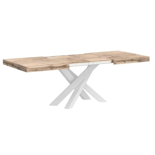 Mobili Fiver Emma 140 Tavolo da Pranzo Allungabile – Piano in Rovere Rustico con Gambe Bianche Incrociate, Laminato/Ferro, Made in Italy