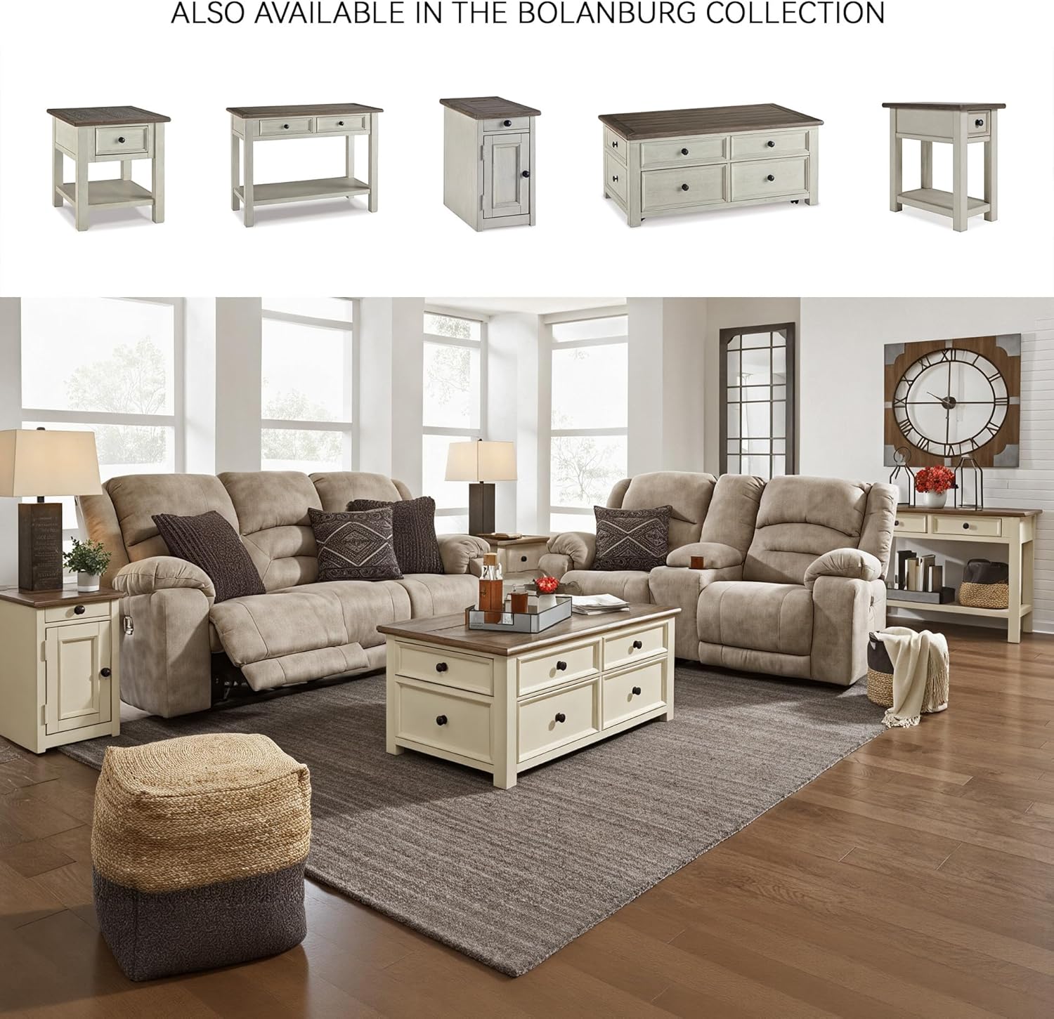 Ashley Bolanburg Lift Top Coffee Table with Drawers, Antique Cream & Brown