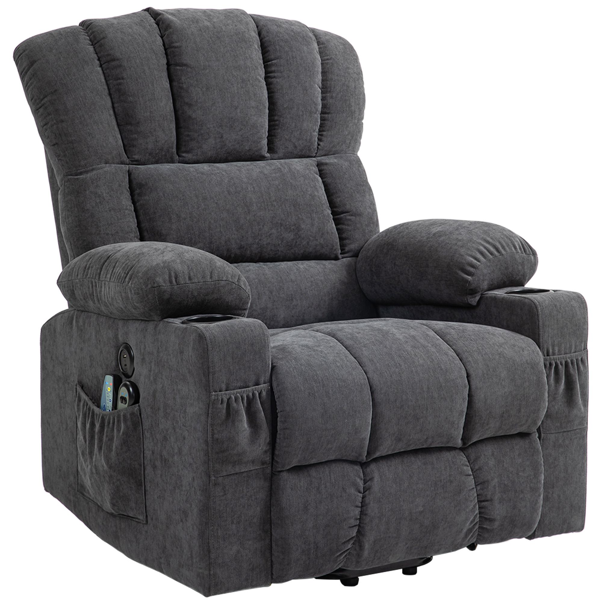 HOMCOM Elektrische Power Lift Sta-op-Stoel met Massage- en Verwarmingsfunctie, USB-Aansluitingen, Bekerhouders, Donkergrijs