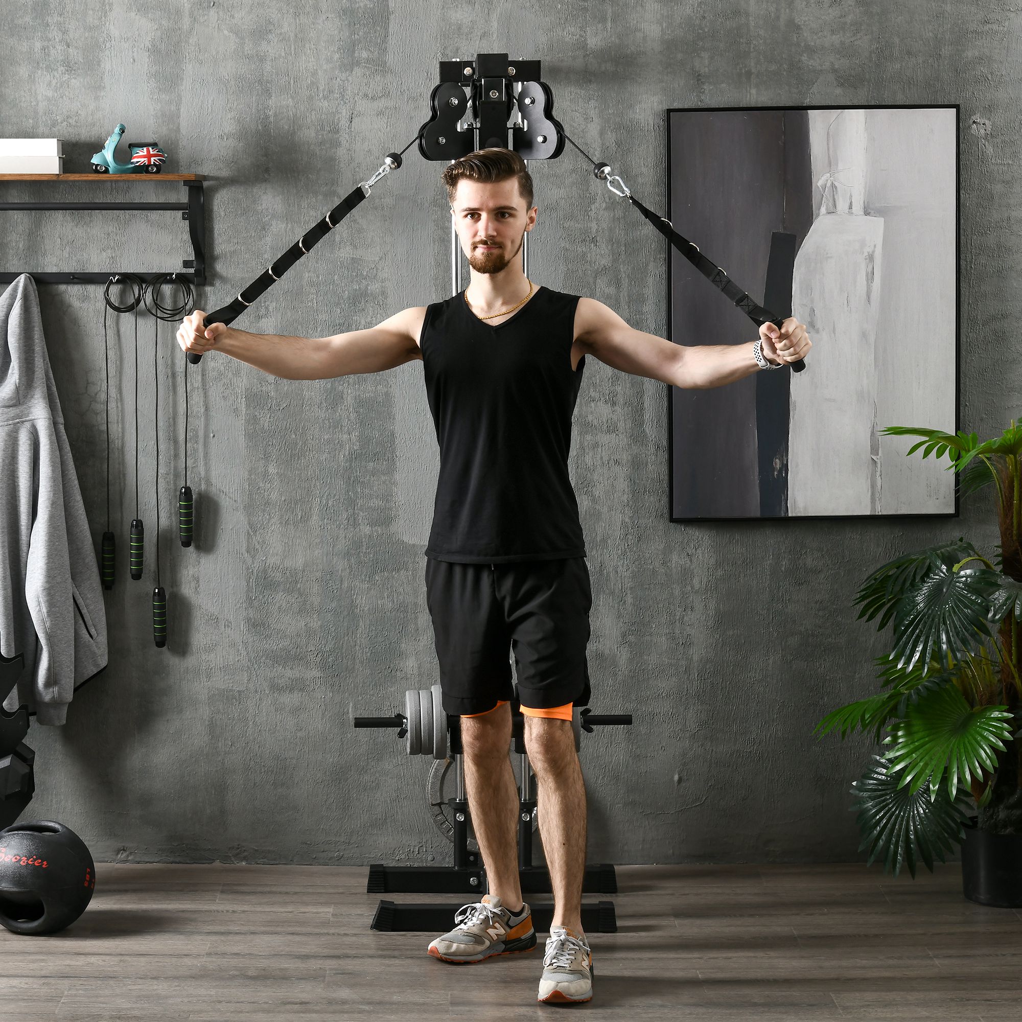 SPORTNOW Verstelbare Krachtstation 25-165 cm met Dual-Pulley-Systemen en Adapters 62 x 60 x 200 cm Zwart