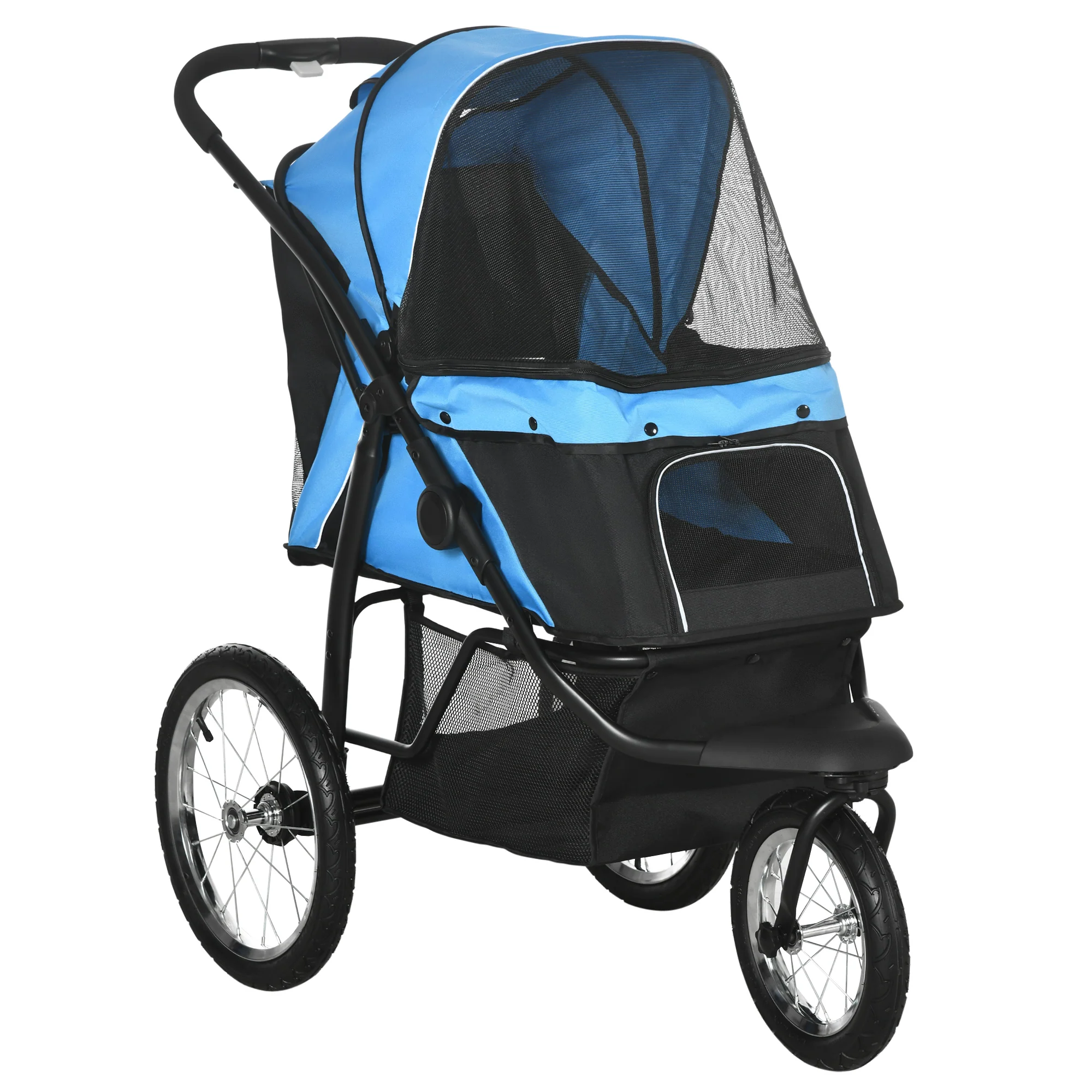 PawHut hondenkinderwagen, opvouwbaar, zonnescherm, gaasvenster, opbergmand, blauw, 111 x 58 x 107 cm
