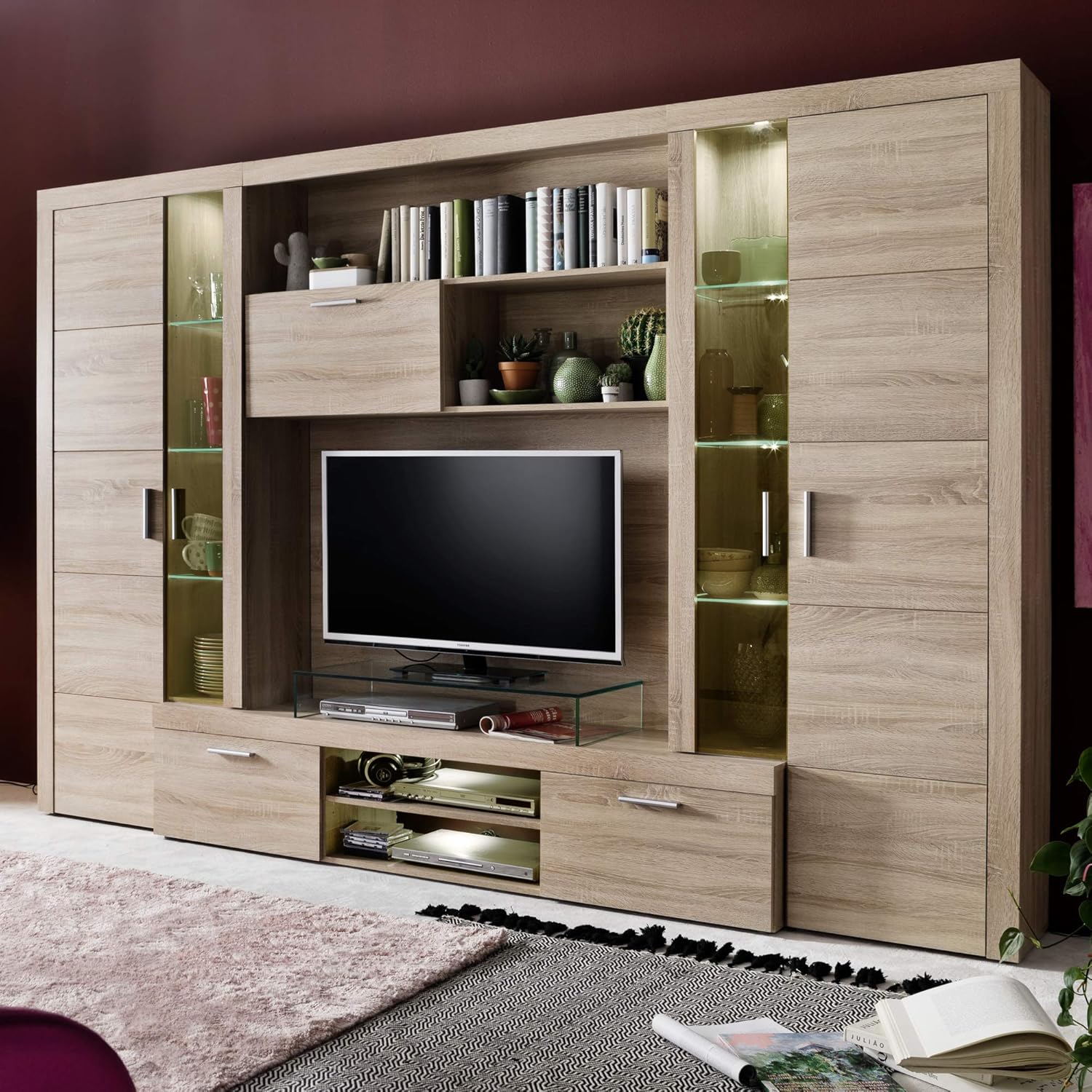 trendteam smart living - Mondeo - Wohnwand - Eiche - Anbauwand mit 4 Türen, 5 offenen Fächern, 3 Klappen und 7 Einlegeböden - (BxHxT) 291 x 197 x 41 cm -viel Stauraum für Ordnung.