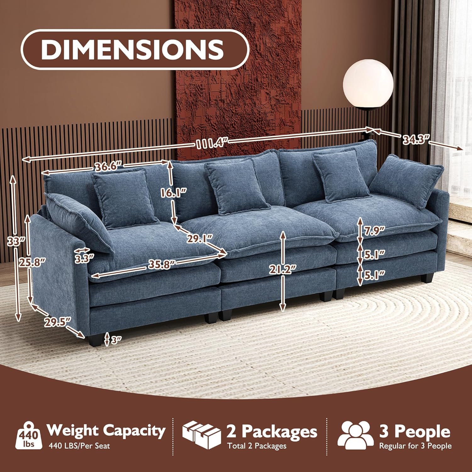 111.4 Inch L-Shaped Modern Sofa Modular Cloud Sofa Ottoman 4-Seater Chenille Deep Seat Sofa