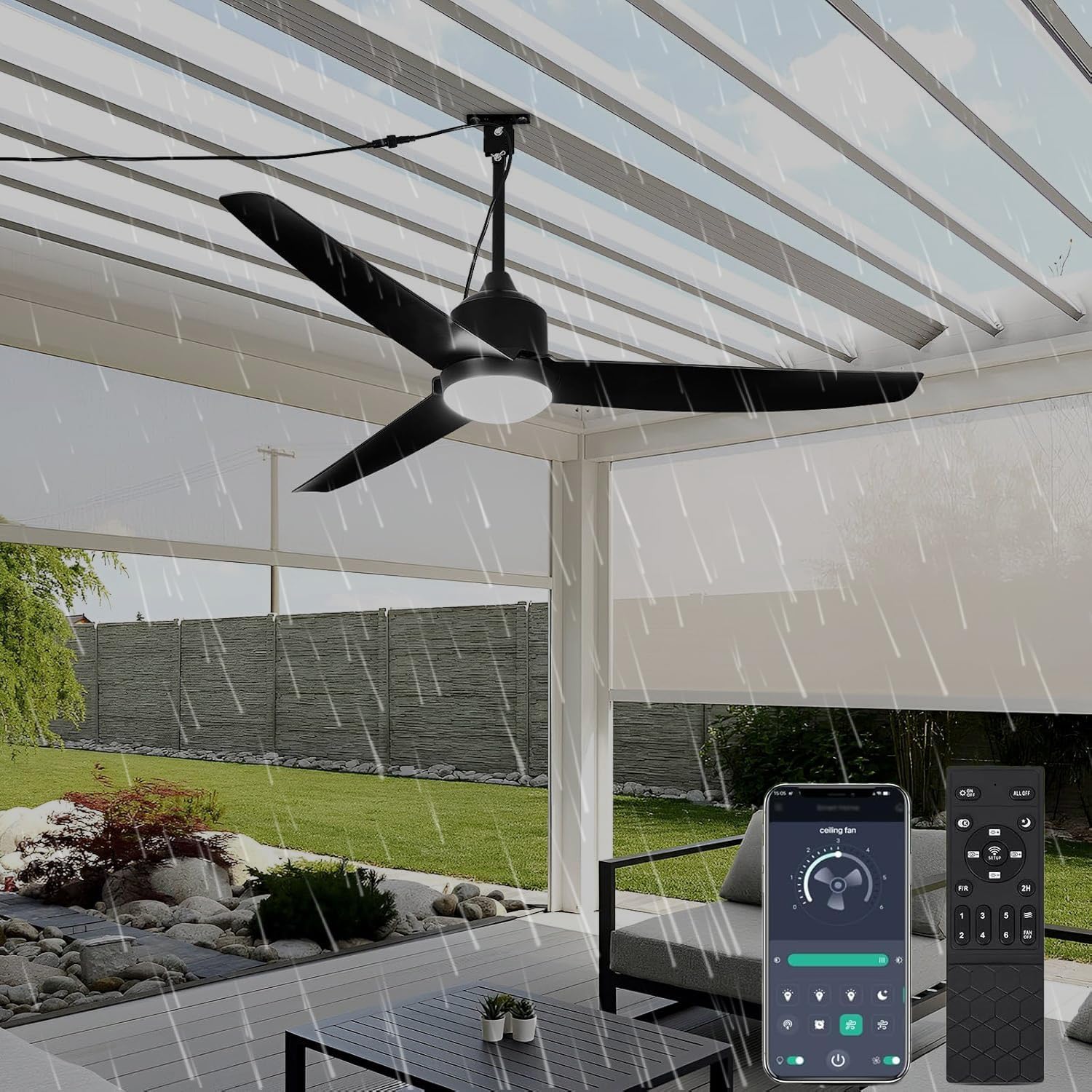 Deckenventilator mit Beleuchtung und Fernbedienung IP65 Wasserdicht Aussen Ventilator Dimmbar Fan Deckenleuchte Moderne Lampe mit Ventilator Leise Ventilatorlicht für Schlafzimmer Balkon Außen