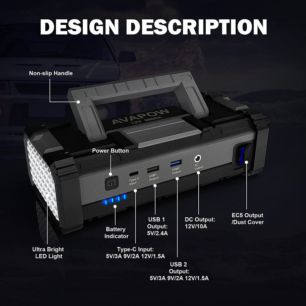 AVAPOW 6000A Car Battery Jump Starter, Dual USB Quick Charge, LED Light, 12V for Gas/Diesel Engines