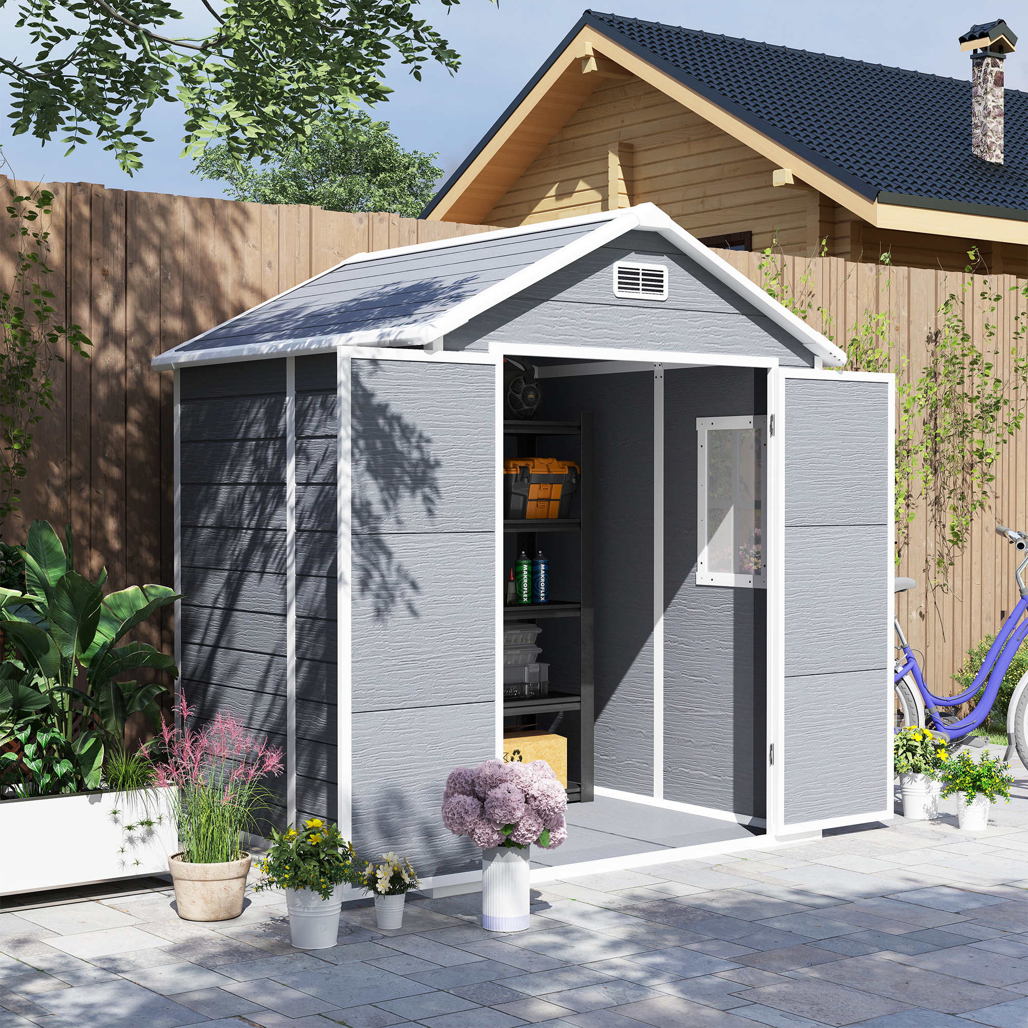 Outsunny Tuinschuur, Gereedschapsschuur met Bodem, Afsluitbare Deuren, Ventilatieopeningen, Venster, Houtlook, Kunststof, Grijs
