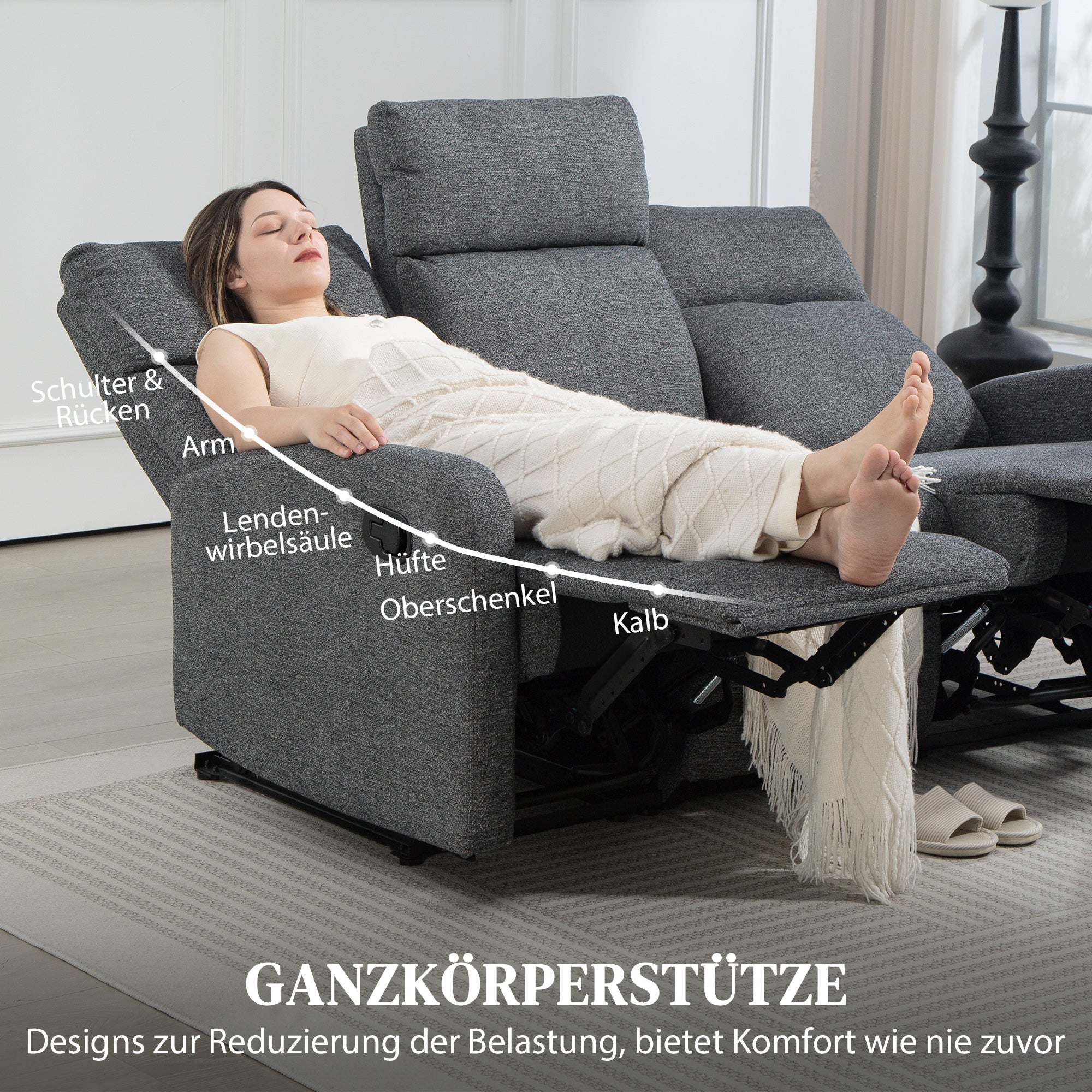 HOMCOM 3-zits Bank, individueel verstelbare rugleuningen, voetensteun, stofbekleding, metaal, Grijs