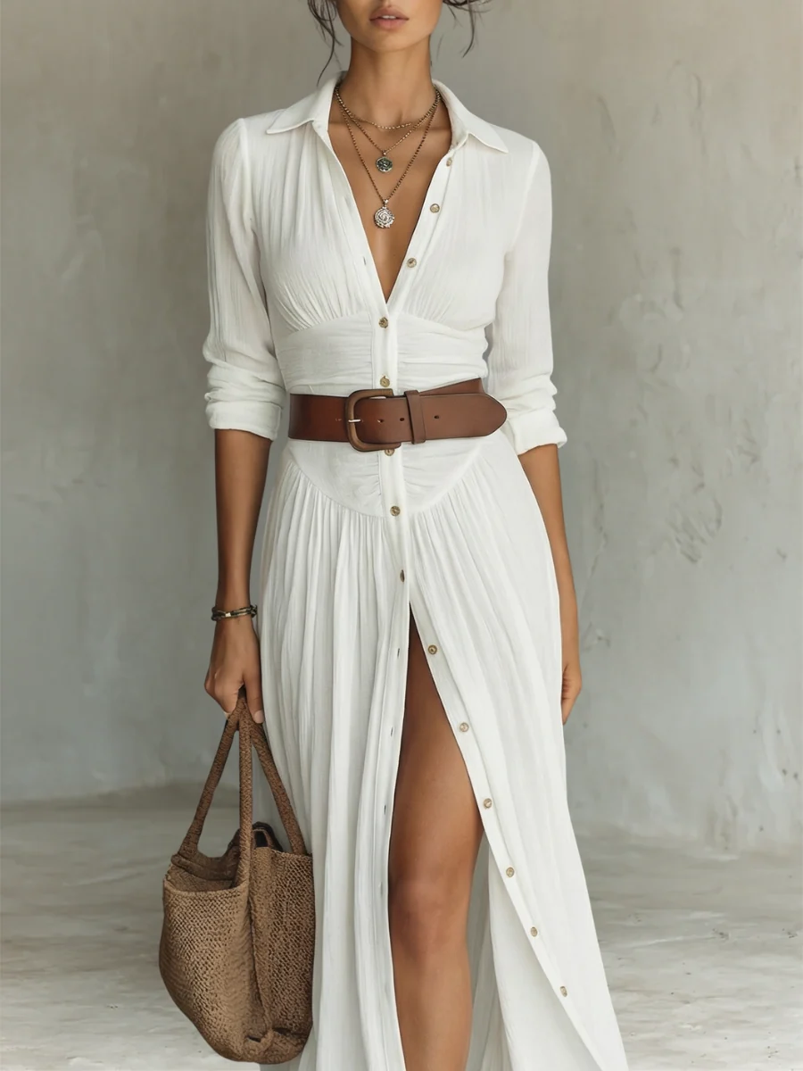 Women��s Elegant Long Sleeve Maxi Dress with Pleated Design