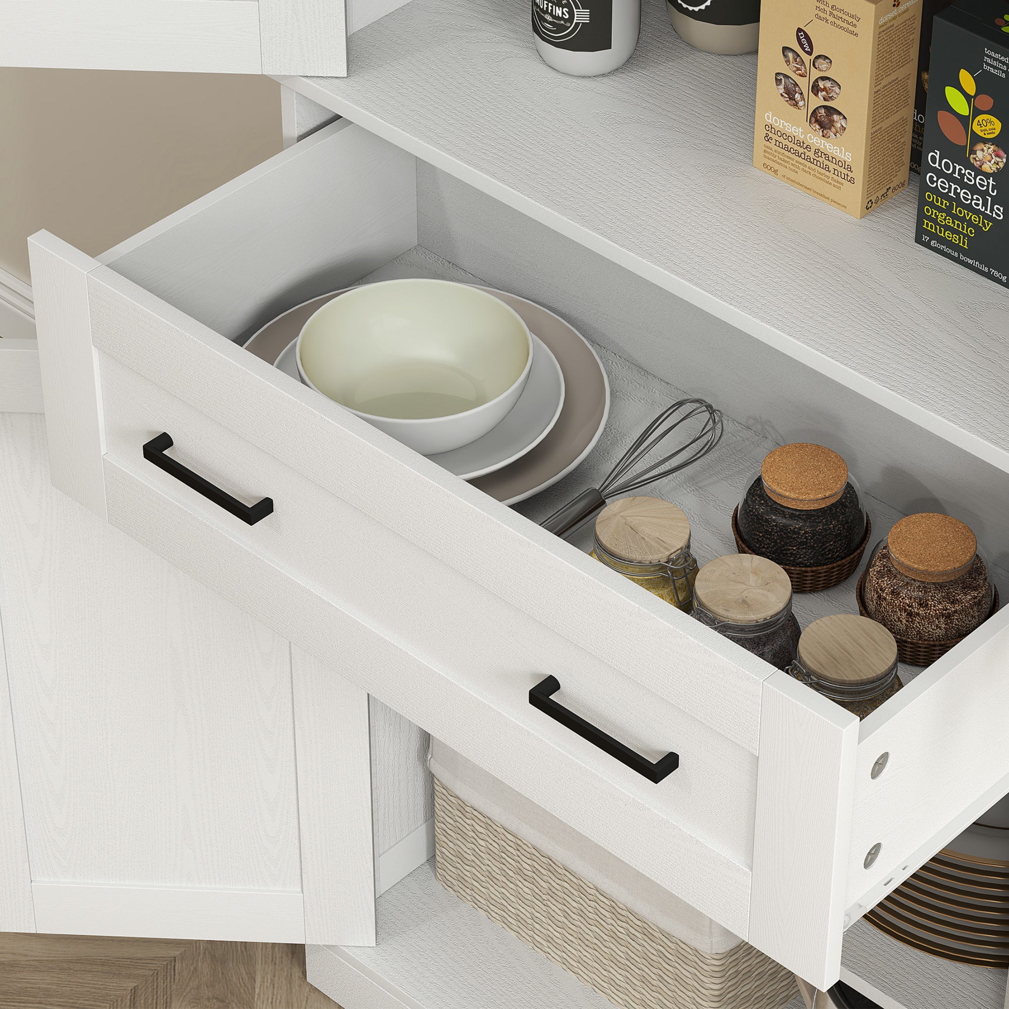 HOMCOM Keukenkast, Buffet, Acrylfront, Lades, 76 x 40 x 182,5 cm, Crèmewit