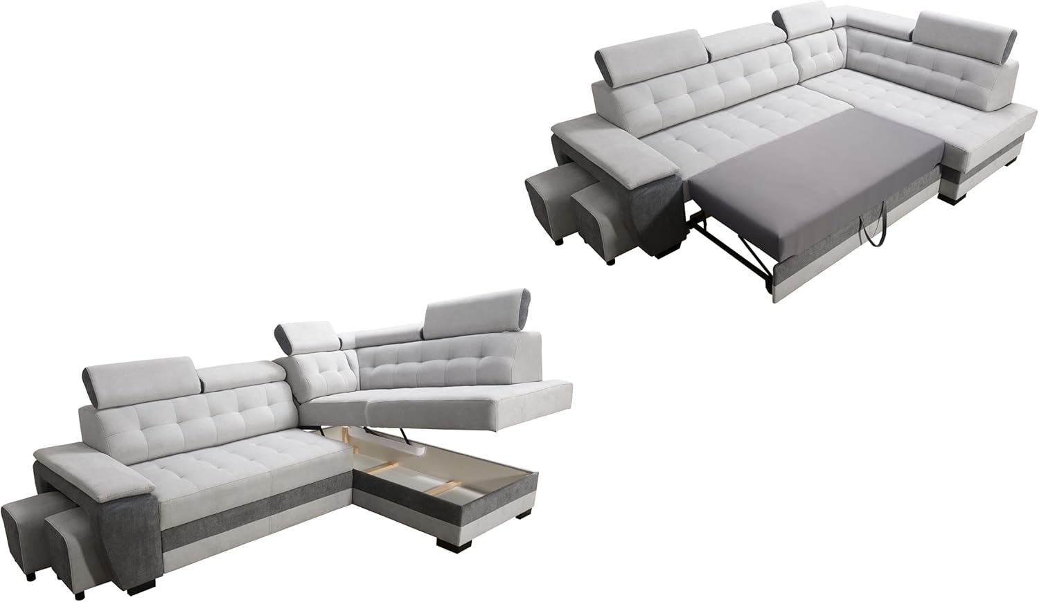 Robin Grand Divano angolare con funzione di letto cassetto per la biancheria due pouf poggiatesta regolabile angolo a sinistra grigio scuro 277 x 180 x 100
