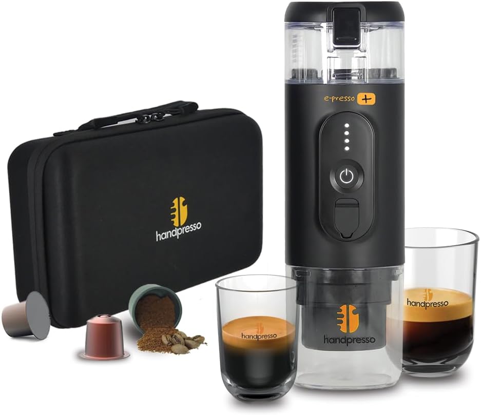 Handpresso - macchina caffè a batteria E-presso+ con valigetta|macchina portatile alta capacita: ricarica USB/batt rimovibile/serbatoio 90ml (110ml max)|per capsule espresso o caffè macinato