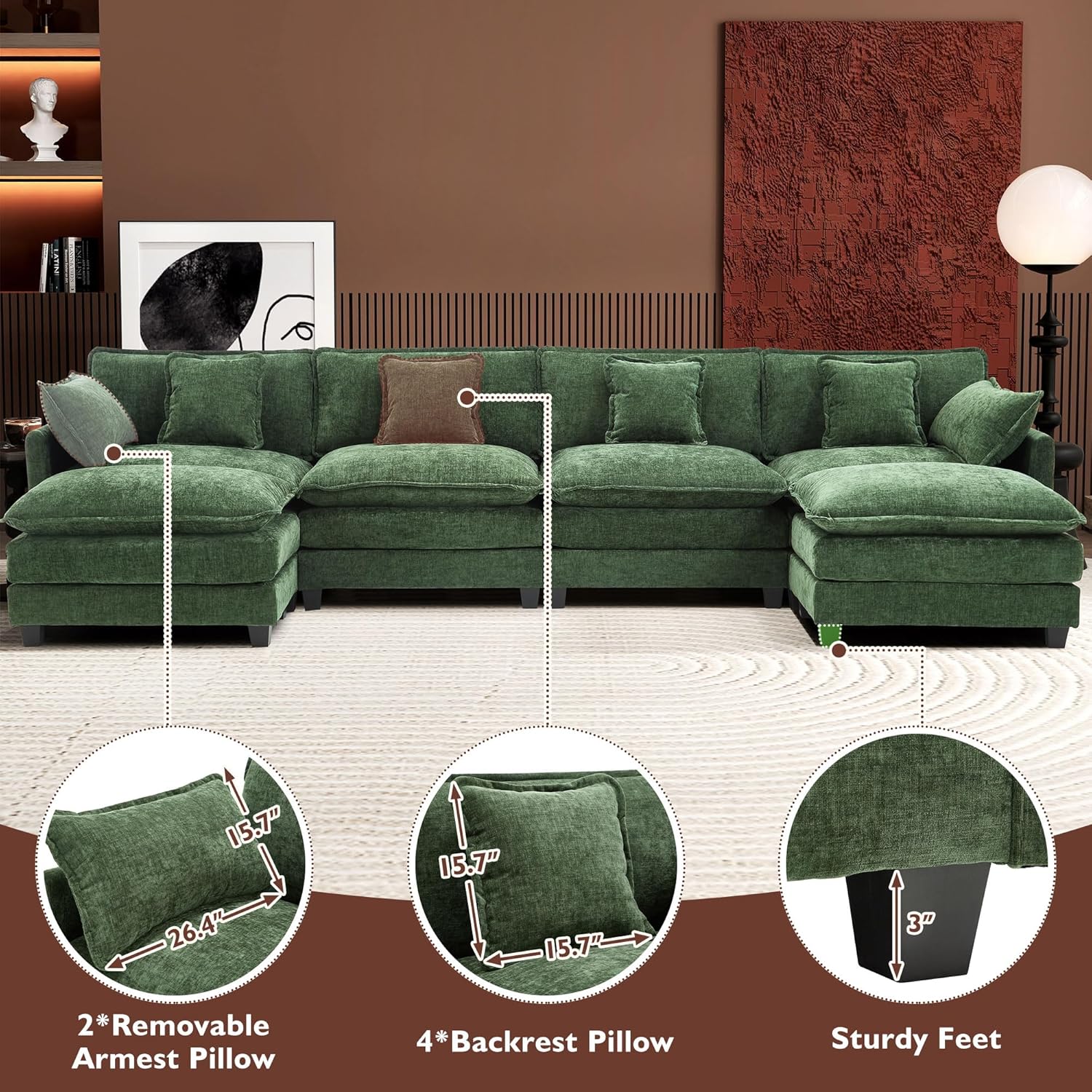 111.4 Inch L-Shaped Modern Sofa Modular Cloud Sofa Ottoman 4-Seater Chenille Deep Seat Sofa