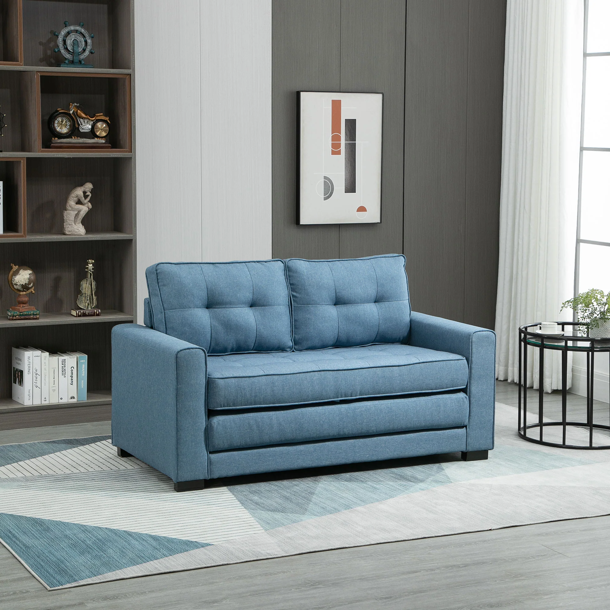 HOMCOM slaapbank, opklapbare sofa 2-zits, stoffen slaapbank, sofa met slaapfunctie, linnen touch, rubber hout, blauw, 147.5 x 75 x 85 cm