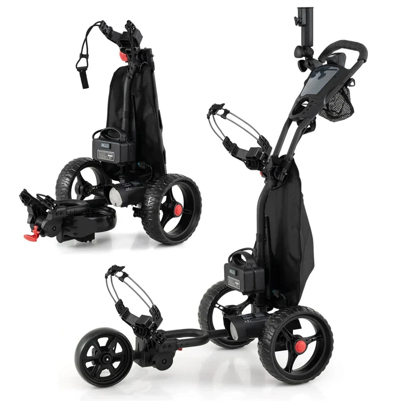 Elektromos golf tolókocsi, összecsukható, 3 kerekű, állítható fogantyúval, 9 sebességfokozattal, 18 lyukú akkumulátorral, esernyőtartóval, italtartóval, hűtőtáskával és USB-porttal