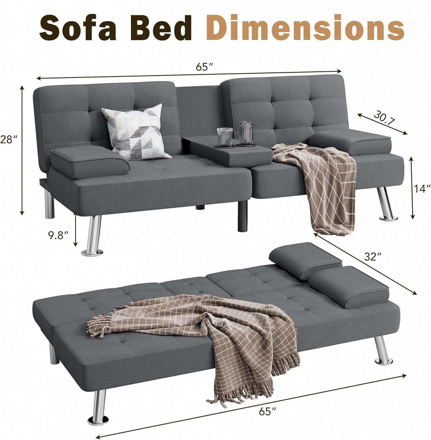 Shahoo Modern Linen Upholstered Convertible Folding Futon Sofa Bed with Removable Armrests