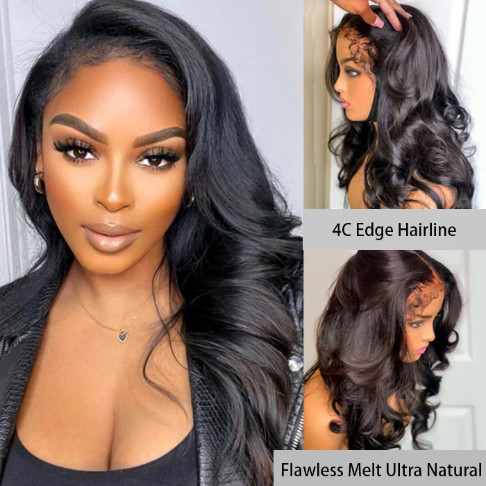 4C Edge Hairline Body Wave 13x4 HD Lace Front Wig with Curly Edges Baby Hair Wigs