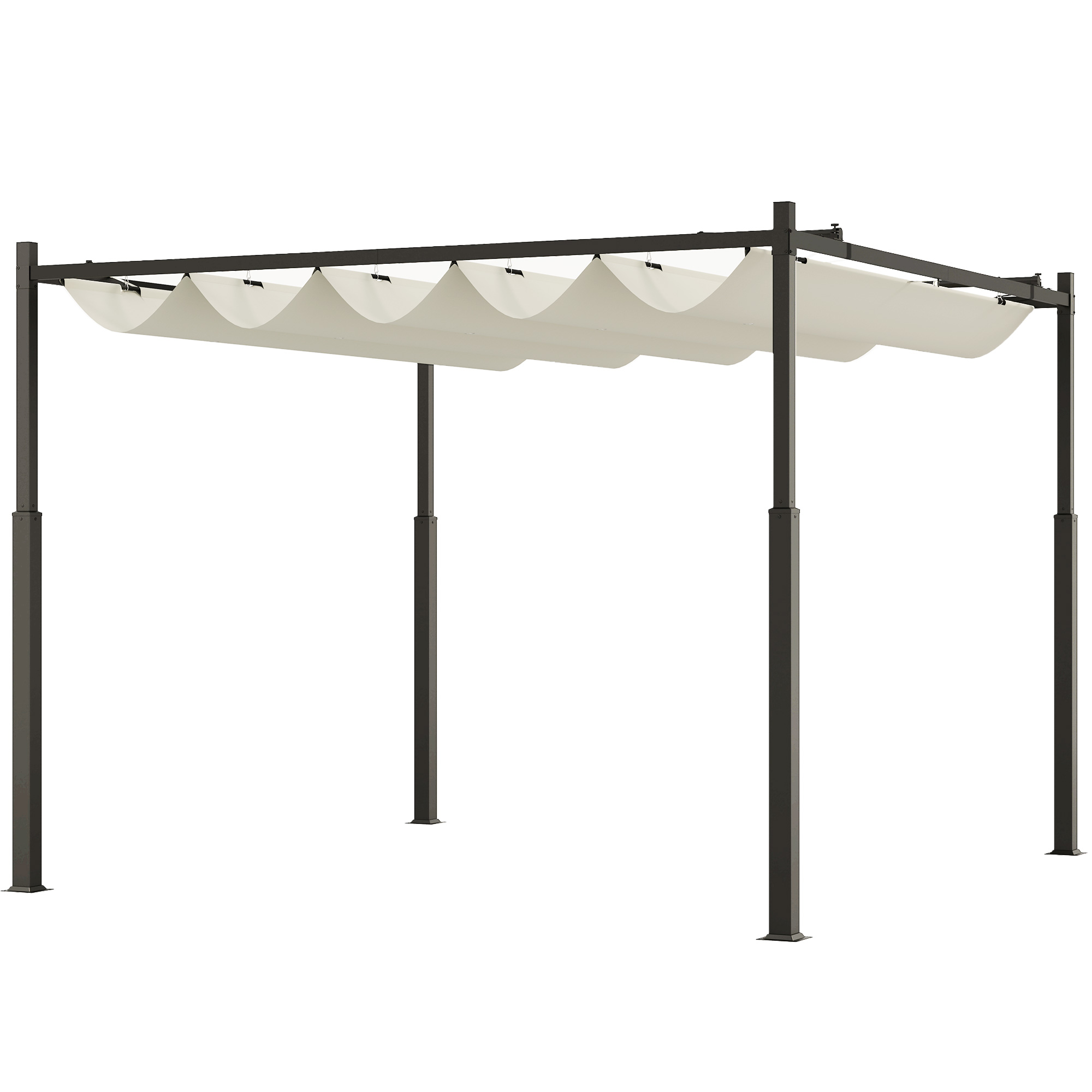 Outsunny Tuin Pergola, 3 x 3 m, Uitschuifbaar Dak en Magneetpad, Buiten Luifel, Tuinpaviljoen, UPF30+, Metaal, Crèmewit