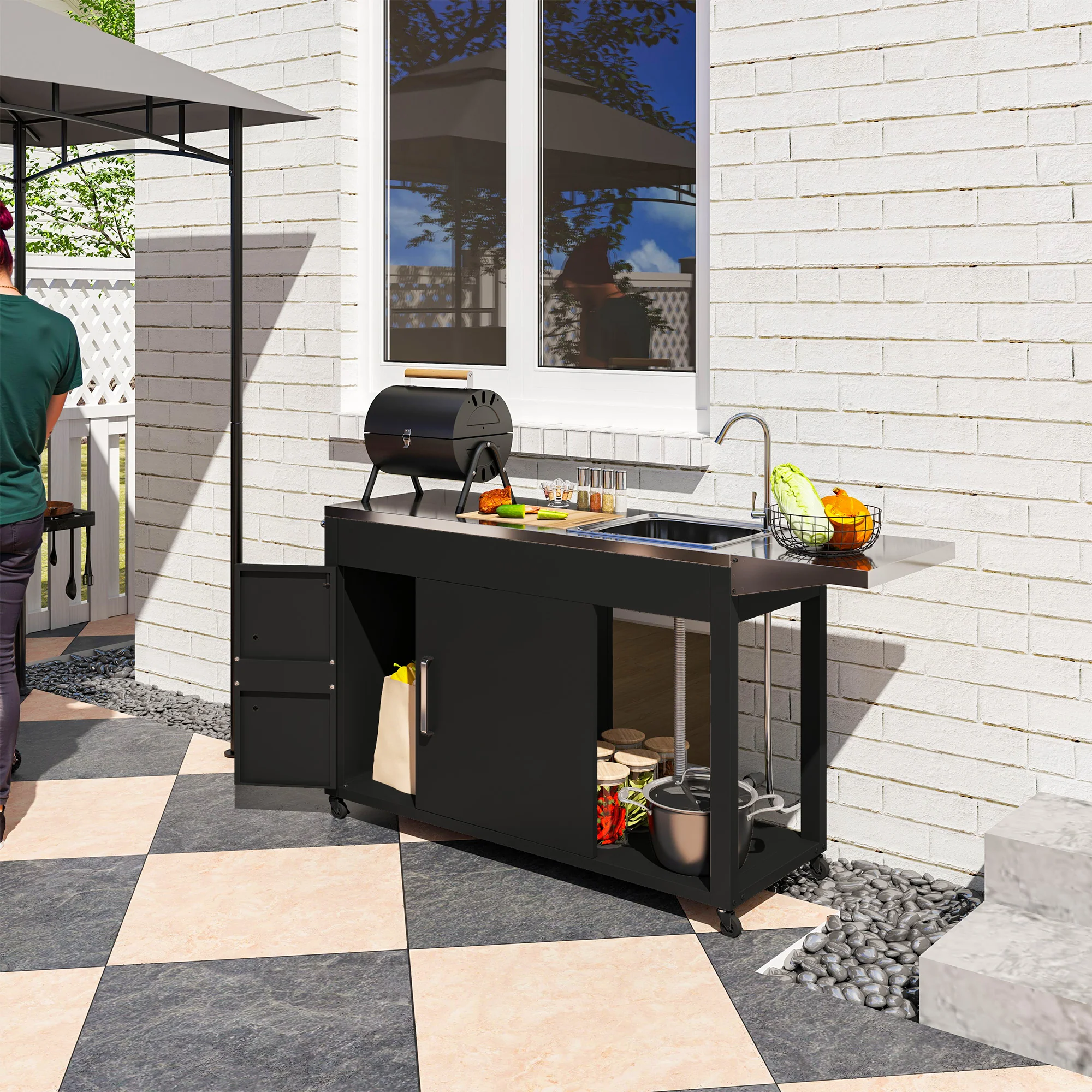 Outsunny Grillwagen Serveerwagen met Werkblad, Uitklapbare Zijplank, Kast, Spoelbak, Wielen, Roestvrij Staal 162,5x47x87cm Zwart