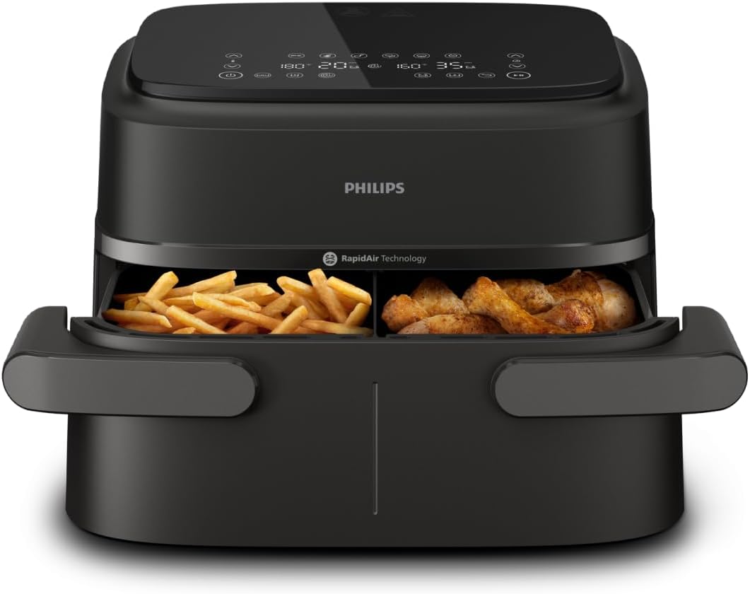 Airfryer Serie 1000, Friggitrice ad aria con singolo/doppio cestello flexi da 7.1L e separatore, doppia resistenza e termostasti separati, RapidAir, 10 modalità, compatto, HomeID (NA154/00)