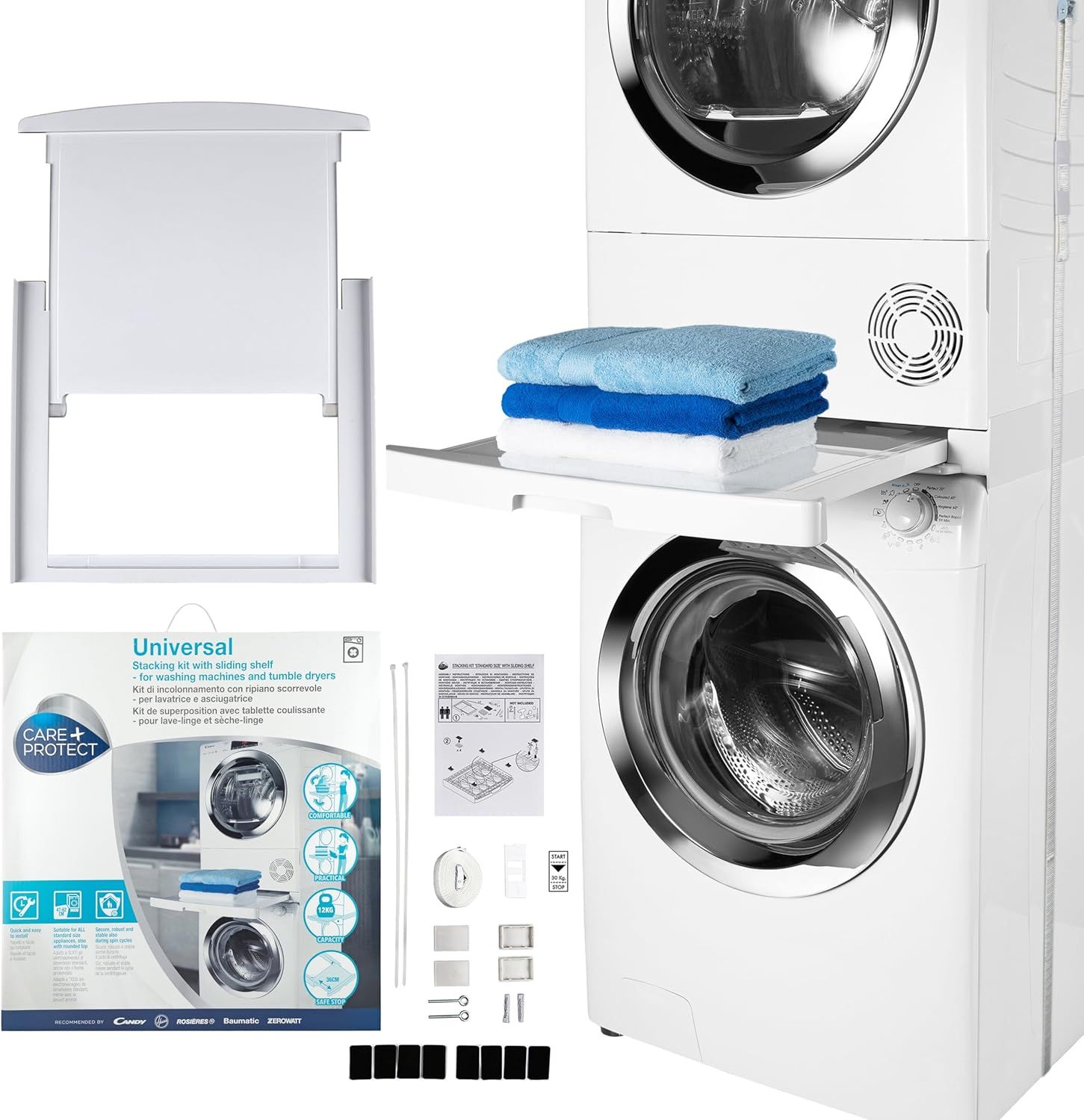 Universal Stacking Kit with Slide-Out Shelf for Washers and Dryers - Fits Depths 47-62cm - Space Saver - Easy Installation - White