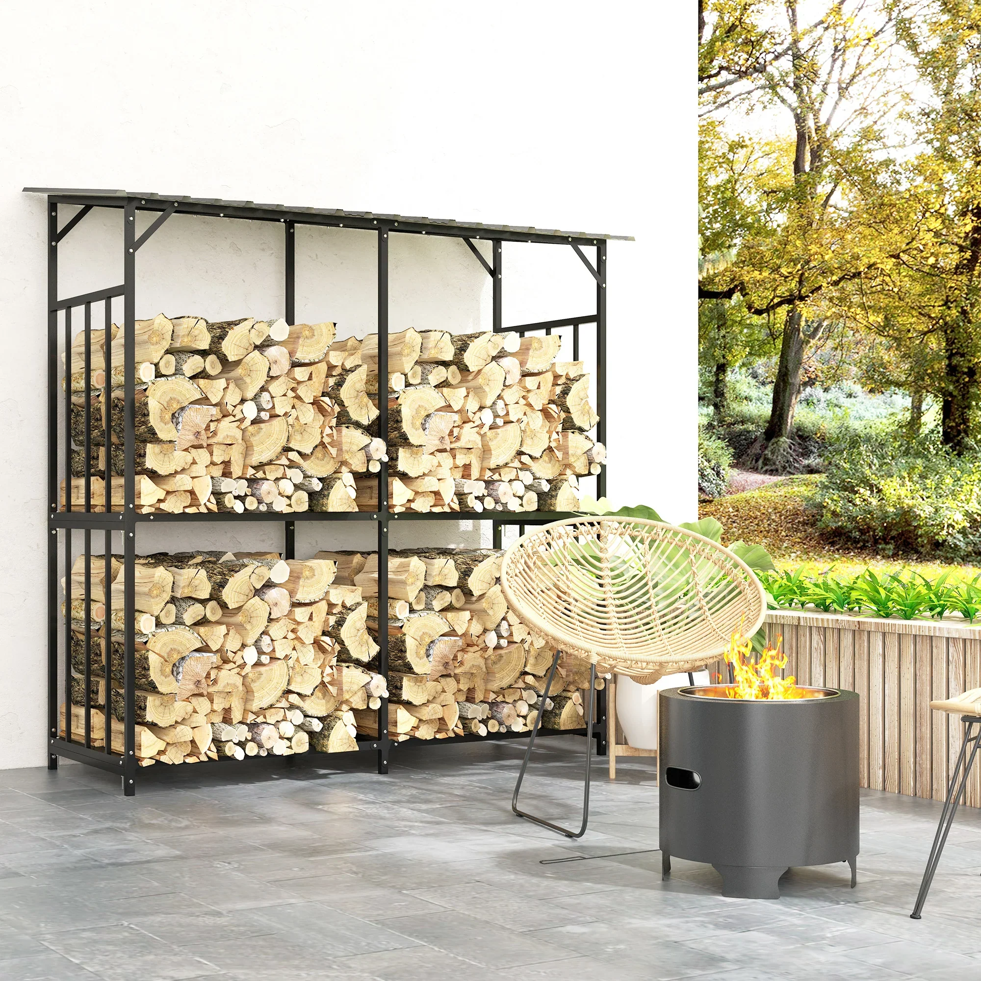 Outsunny Haardhoutrek 1,17 m3 met afdekking, zwart