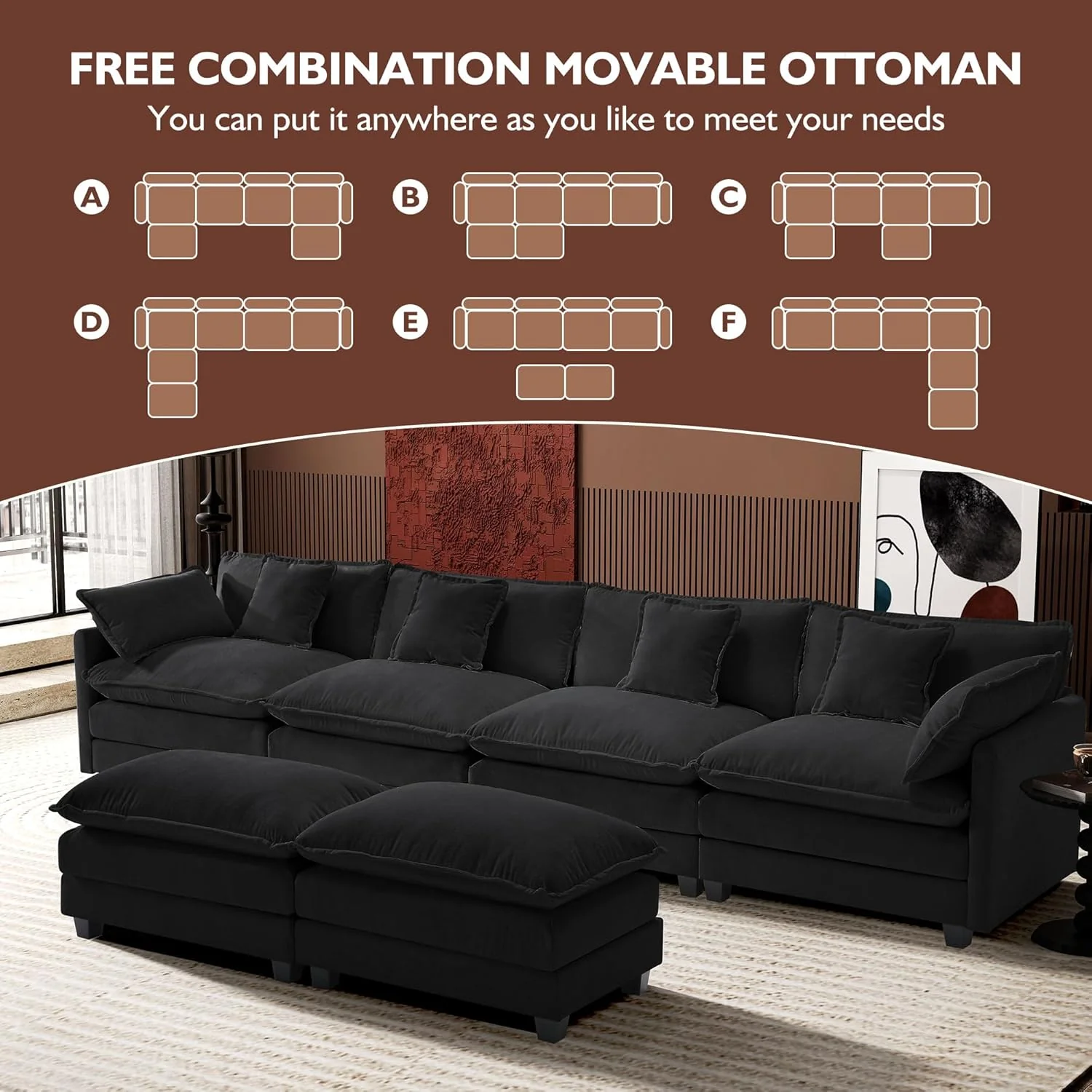111.4 Inch L-Shaped Modern Sofa Modular Cloud Sofa Ottoman 4-Seater Chenille Deep Seat Sofa