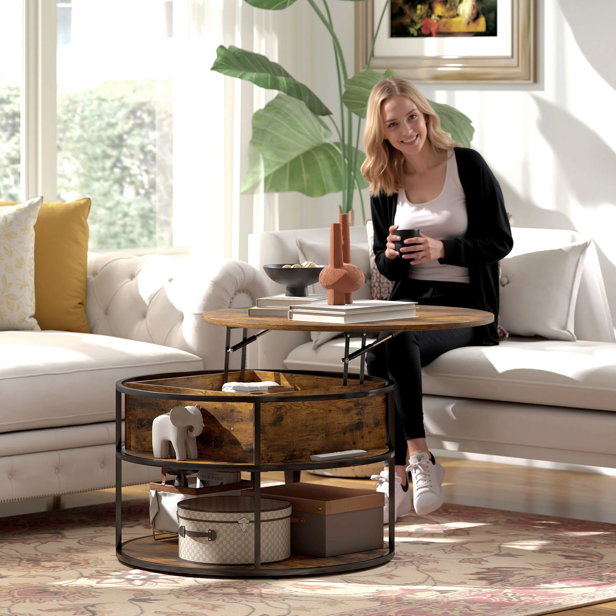 HOMCOM Ronde Koffietafel met Ophefbaar Tafelblad, Opbergruimte, Zijvakken, Stalen Frame, Salontafel, Bruin