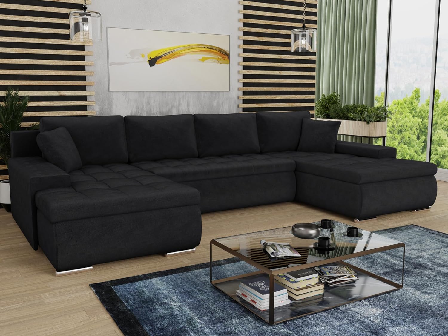 Sofnet Wohnlandschaft mit Schlaffunktion Faris U-Form - Couch, Schlafsofa mit Bettkasten, Couchgranitur mit Bettfunktion, Big Sofa, Bettsofa (Schwarz (Kronos 07))