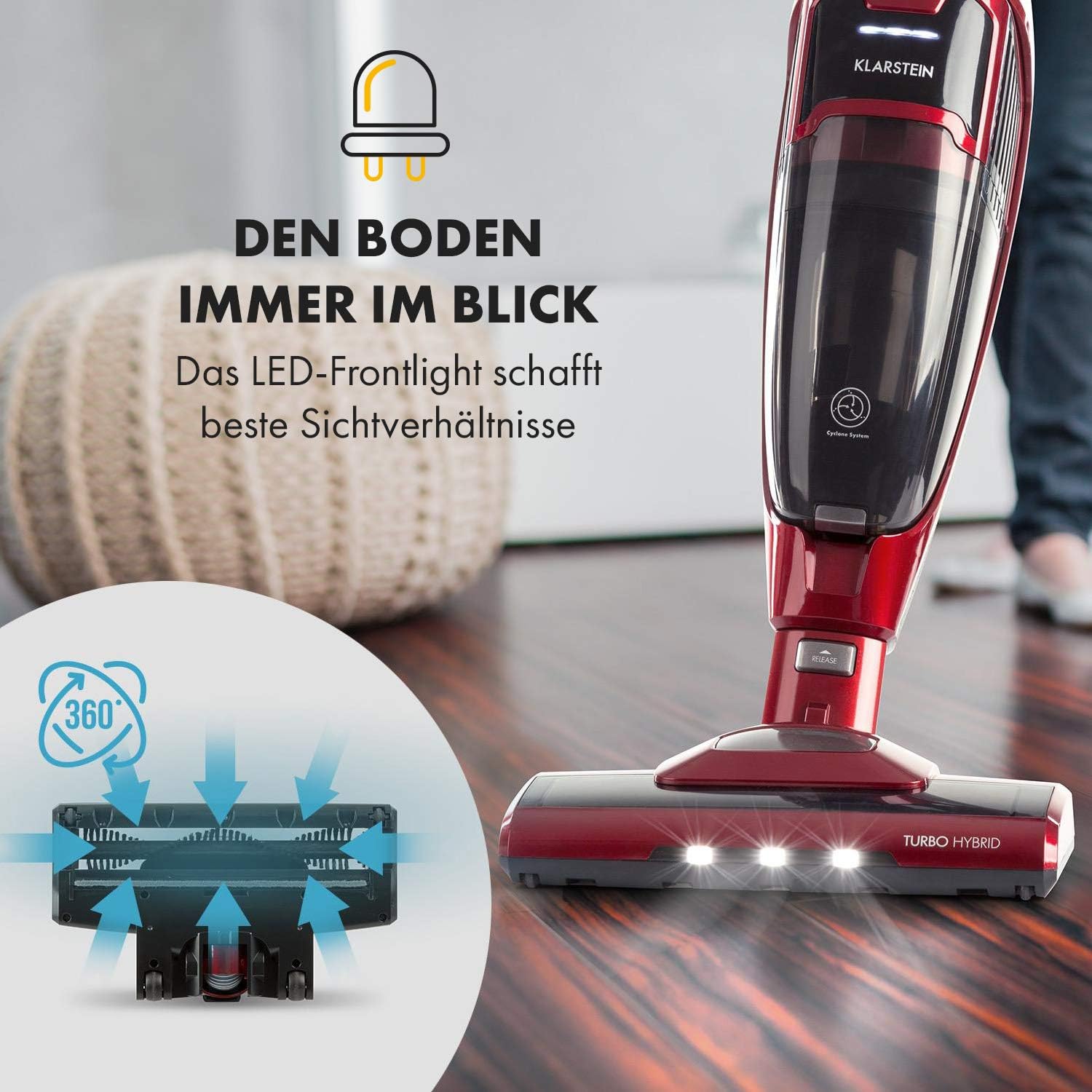 Klarstein TurboHybrid Zyklon Staubsauger, Akku Staubsauger, Staubsauger Kabellos für 50min Betriebsdauer (2 Saugstufen, Handstaubsauger, platzsparend, Li-Ion) metallic-rot