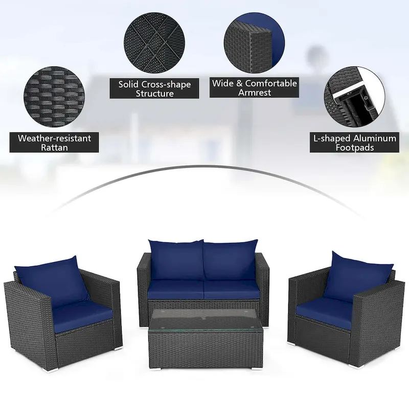 Costway 4 PCS Patio Rattan Furniture Set Cushioned Sofa Chair Coffee - See Description