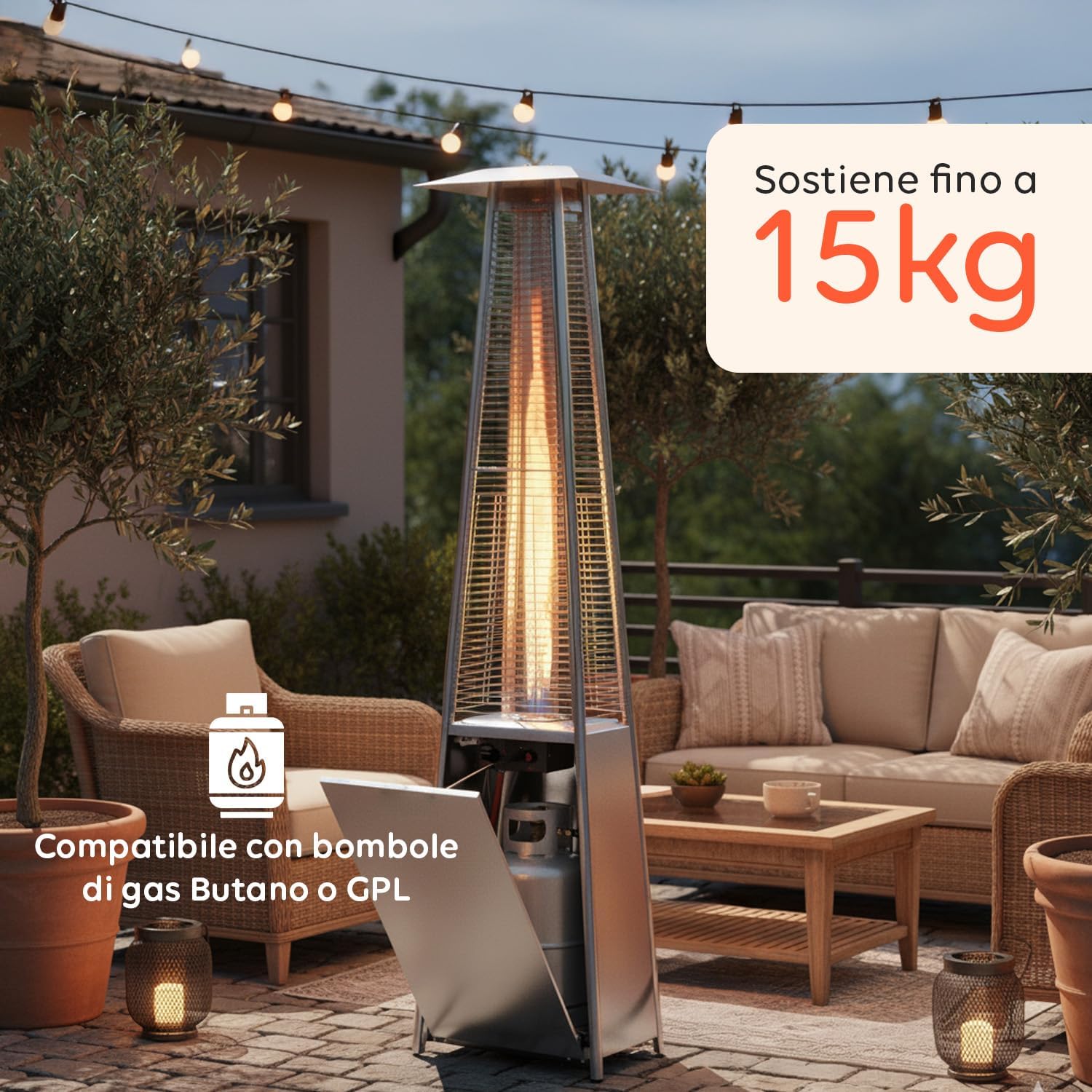 Wintem - Stufa a Gas da Esterno Aura a Piramide Grigia 12kW con Accensione Piezoelettrica e Termostato Regolabile per Terrazze e Giardini, Funzionamento con Bombola GPL o Butano, Design Moderno